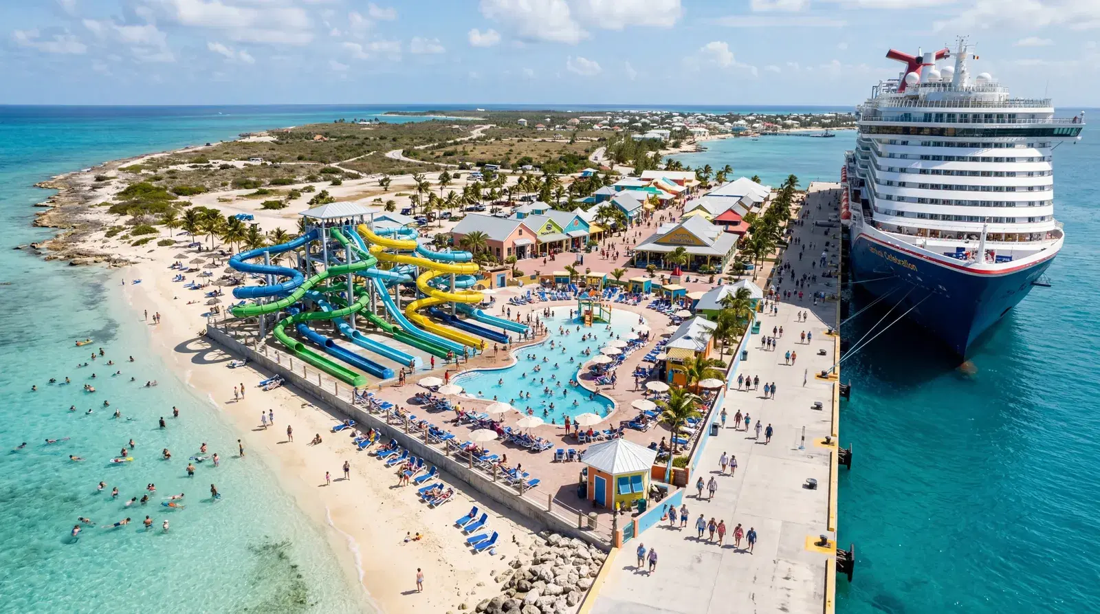 Grand Turk Turks and Caicos cruise center, commercial cruise dock with pool complex, small island, tourists from ship at waterpark attraction, few local businesses, documentary travel photography, photorealistic, no text, no watermark, 16:9