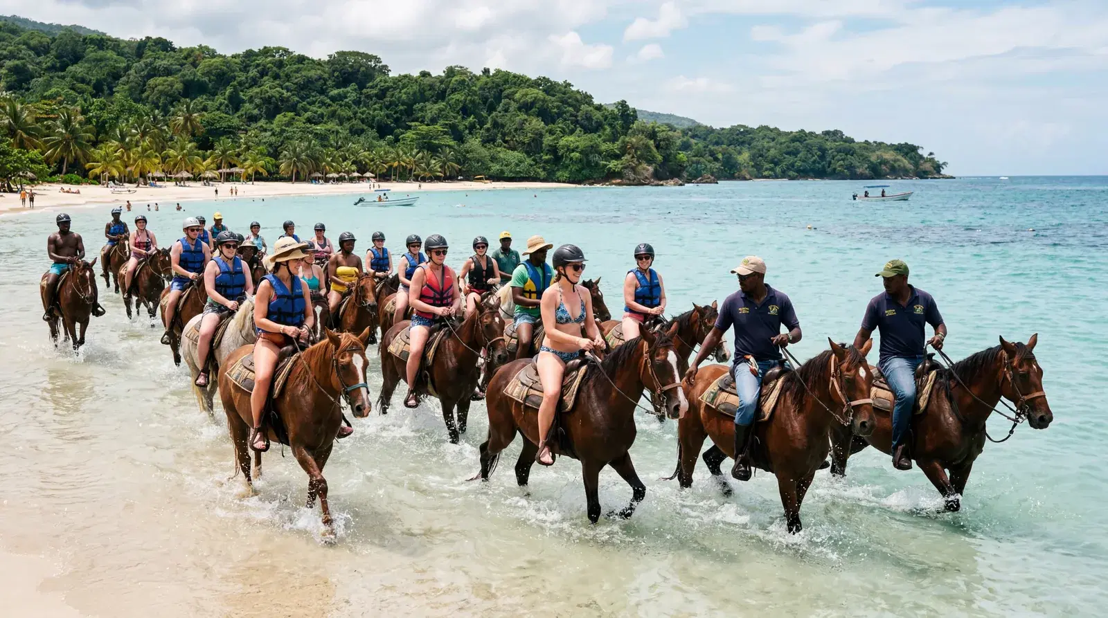 Tourists on horses wading into Caribbean ocean in Jamaica, crowded horseback excursion, tour guides, documentary travel photography, photorealistic, no text, no watermark, 16:9