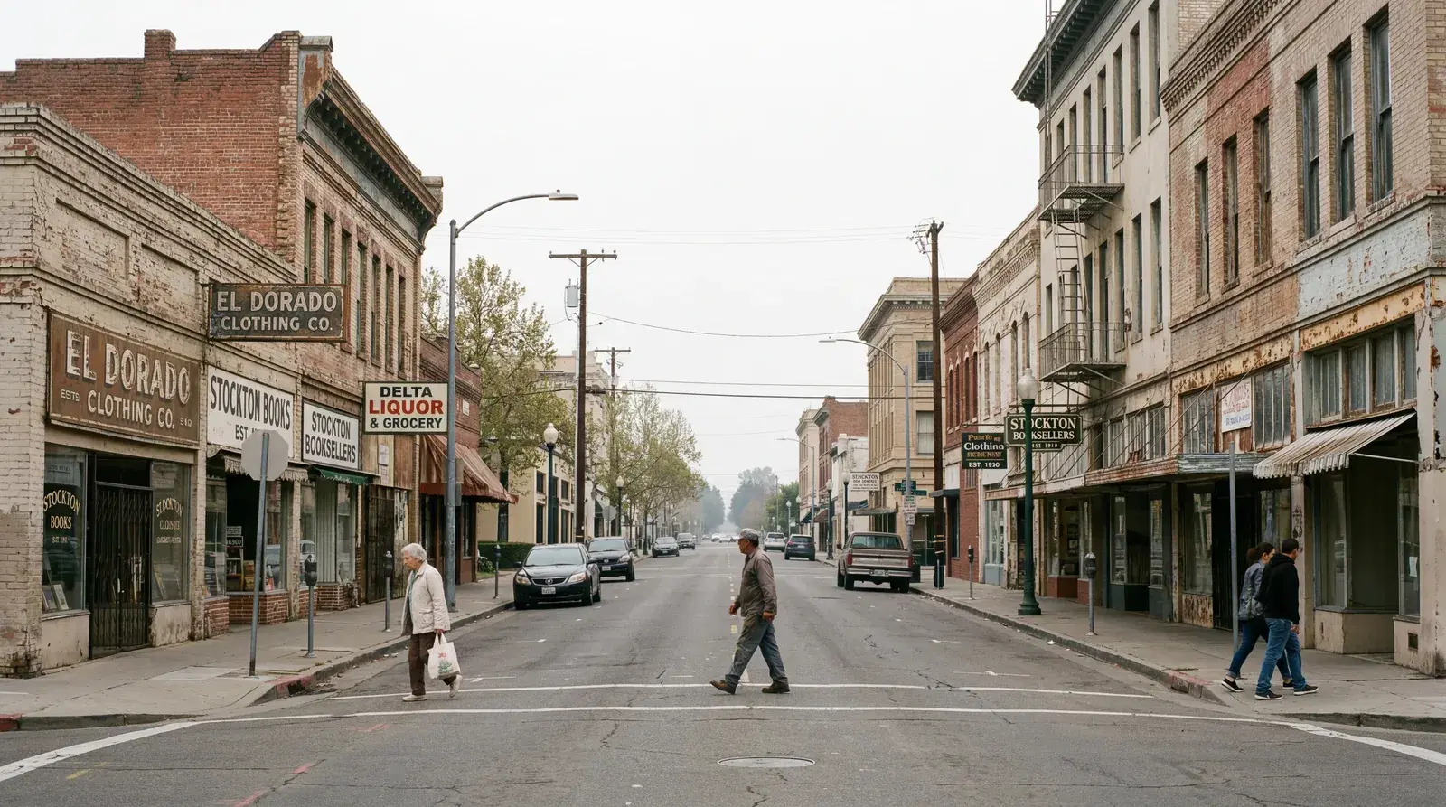 Weathered downtown Stockton California buildings on a quiet mid-morning street, flat valley light, a few people walking, faded storefronts. documentary travel photography, realistic, no text, no watermark, 16:9