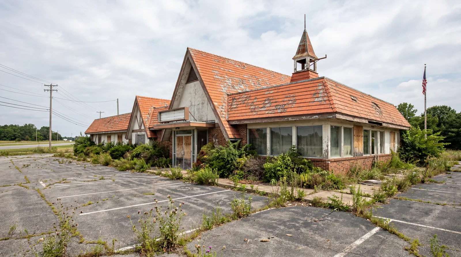 An abandoned Howard Johnson's-style restaurant exterior with a faded orange roof, empty parking lot, overgrown shrubs, photorealistic, no text, no watermark, 16:9