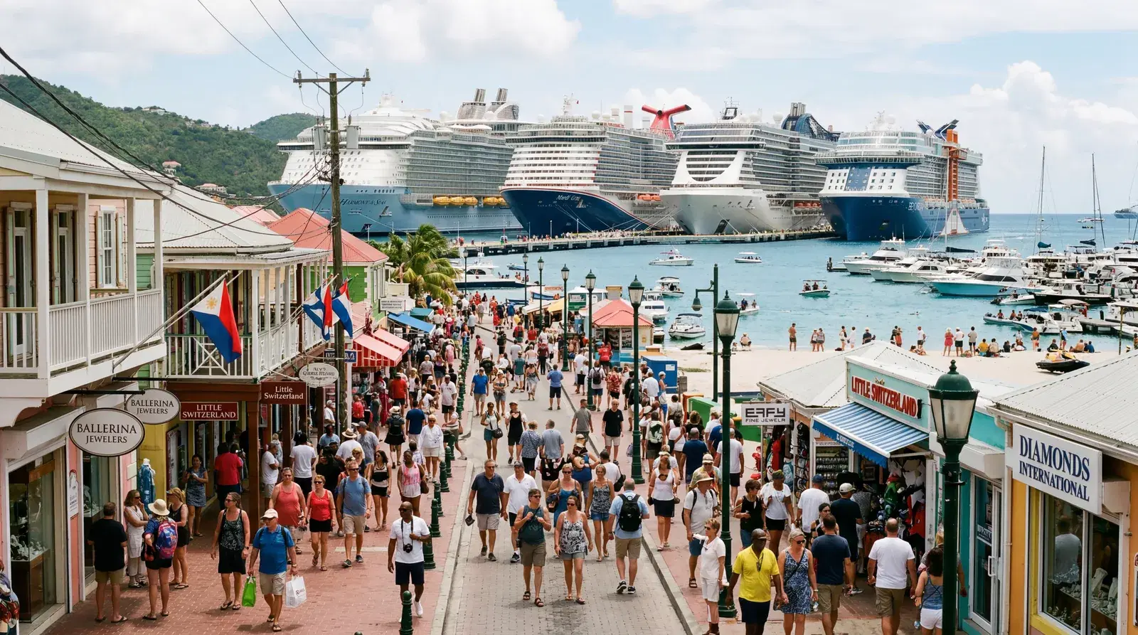 Philipsburg Sint Maarten cruise terminal, multiple cruise ships in Great Bay harbour, crowded main street shopping district, duty-free jewellery stores, tourist crowds, documentary travel photography, photorealistic, no text, no watermark, 16:9