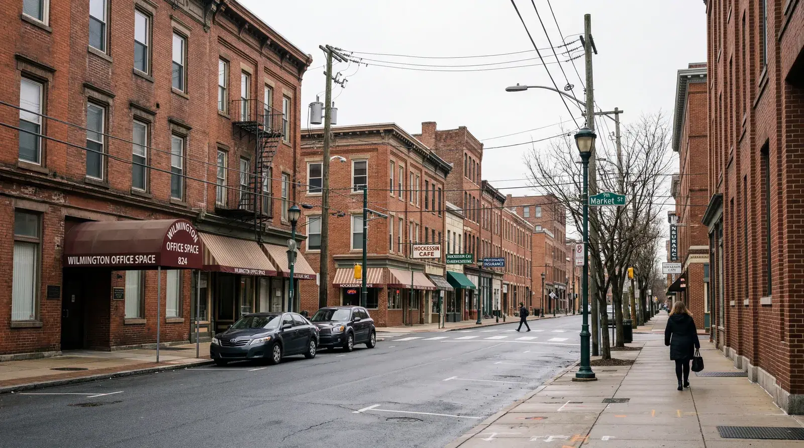 Quiet downtown Wilmington Delaware street, older brick office buildings, sparse pedestrian traffic, flat afternoon light, a sense of emptiness. documentary travel photography, realistic, no text, no watermark, 16:9