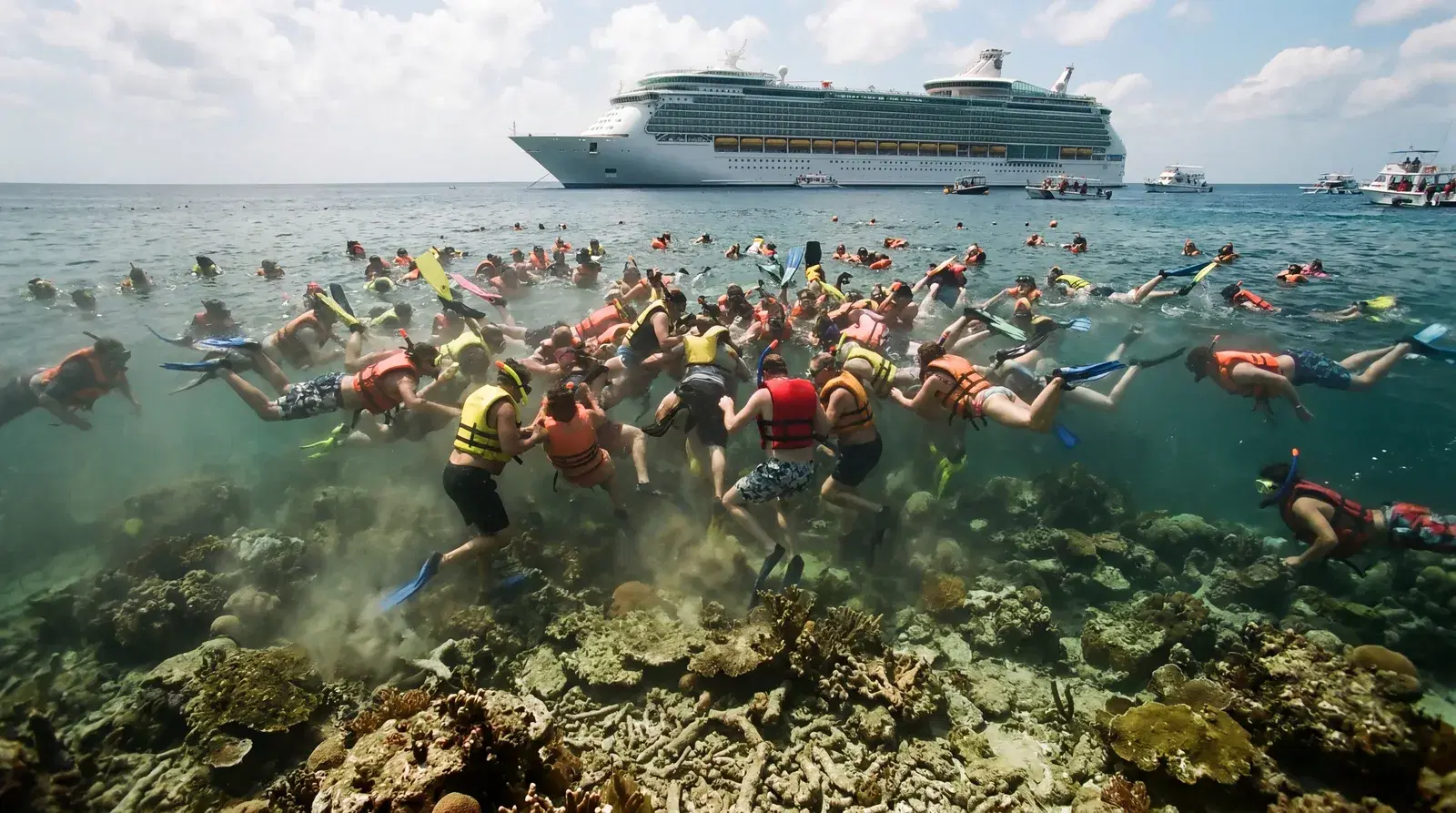 Snorkeling tourists on a overcrowded reef in Cozumel Mexico with cruise ship in background, murky water, coral damage visible, documentary travel photography, photorealistic, no text, no watermark, 16:9