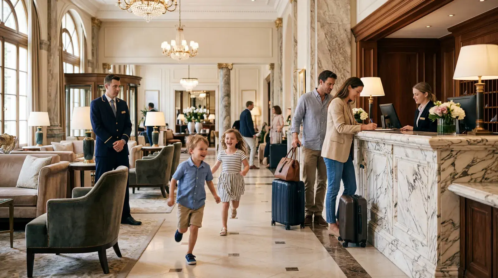 Young children running in a hotel lobby while parents check in at the front desk, staff watching nervously, upscale hotel, warm editorial travel photography, photorealistic, no text, no watermark, 16:9
