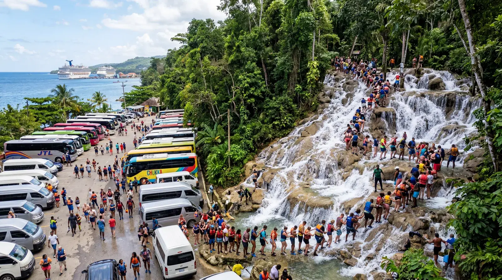 Ocho Rios Jamaica cruise terminal, crowded Dunns River Falls tourist attraction with hundreds of tourists climbing the waterfall in a chain, tour buses in parking lot, documentary travel photography, photorealistic, no text, no watermark, 16:9