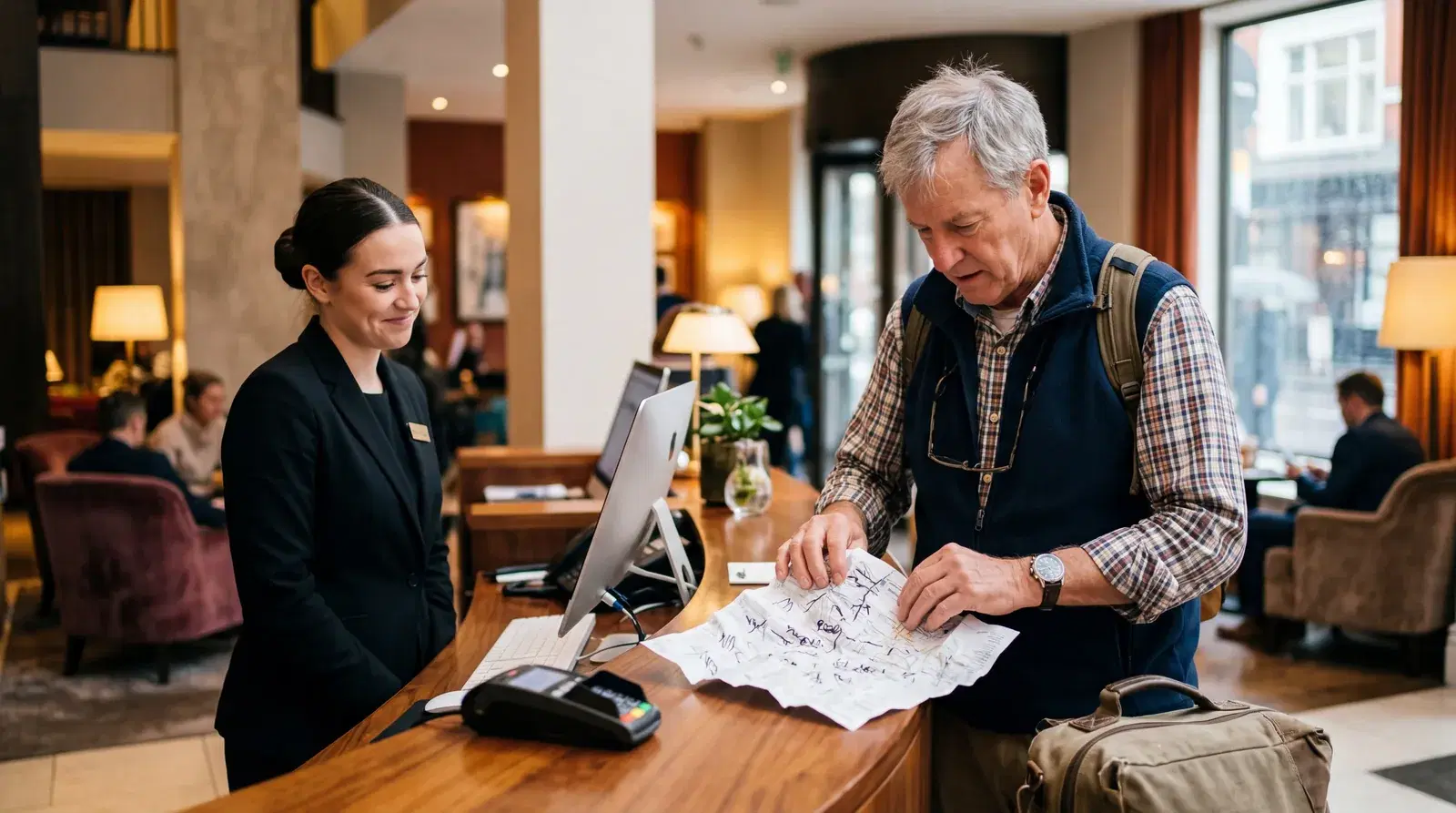 Older American tourist pulling out a crumpled printed directions page at a hotel front desk, staff suppressing a smile, modern hotel lobby, warm editorial travel photography, photorealistic, no text, no watermark, 16:9