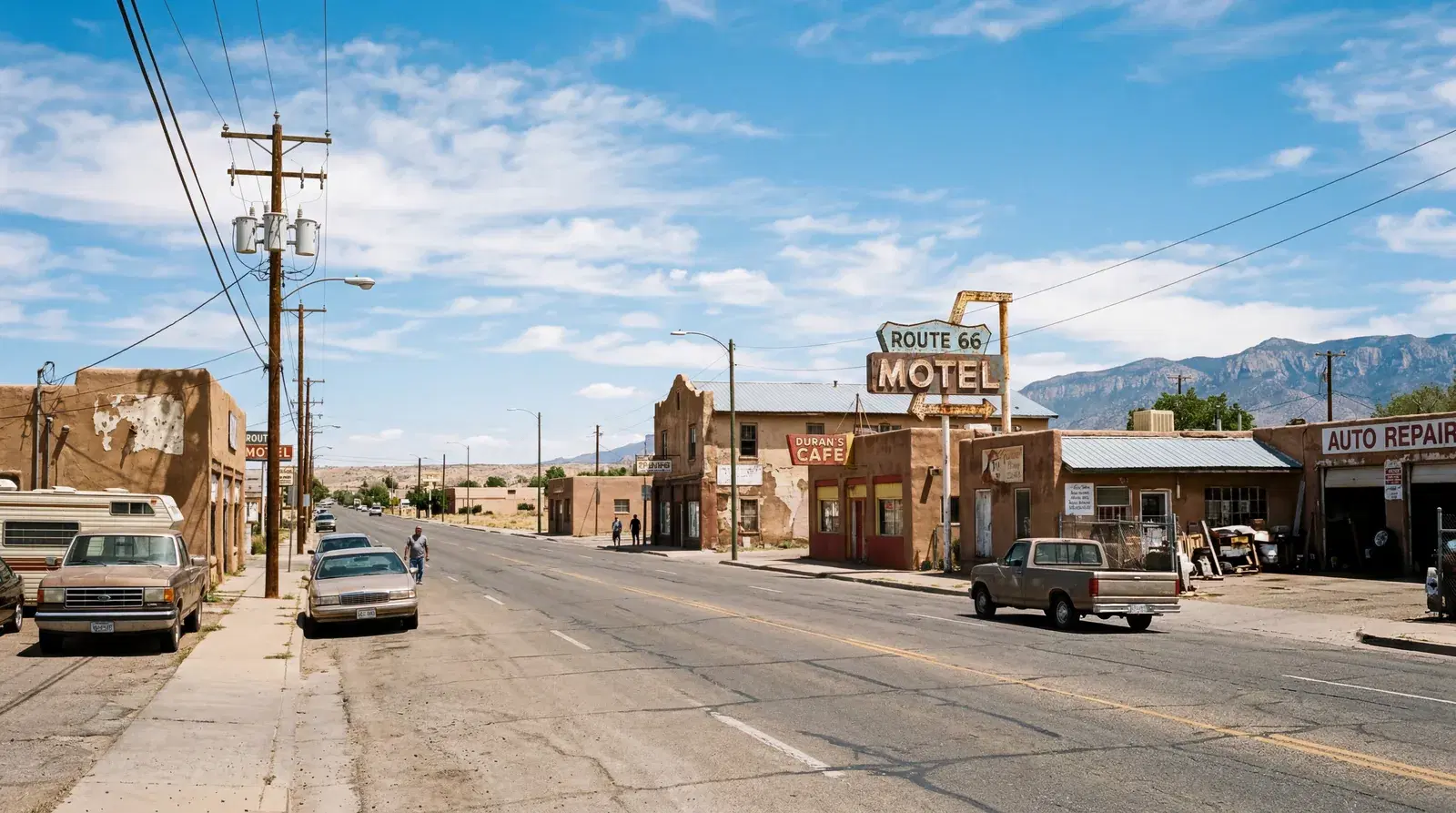 Sun-bleached commercial strip in Albuquerque New Mexico, Route 66 remnants, adobe-style buildings, harsh midday light, wide blue sky. documentary travel photography, realistic, no text, no watermark, 16:9