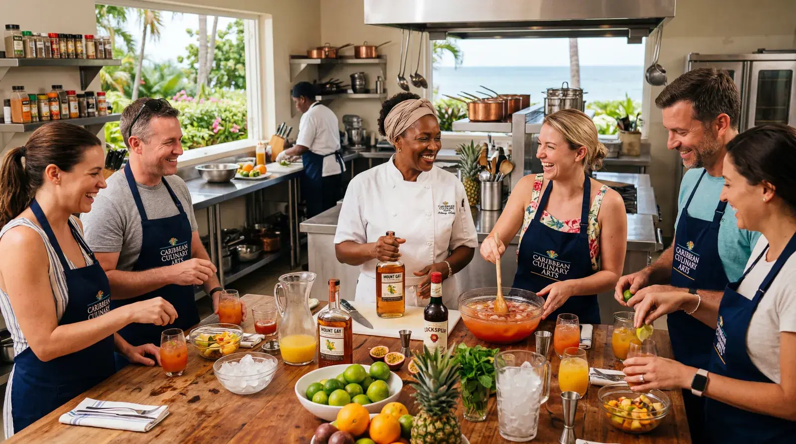 Tourist cooking class in a Caribbean resort hotel kitchen, tourists in aprons making rum punch, hotel staff instructor, staged atmosphere, warm editorial travel photography, photorealistic, no text, no watermark, 16:9