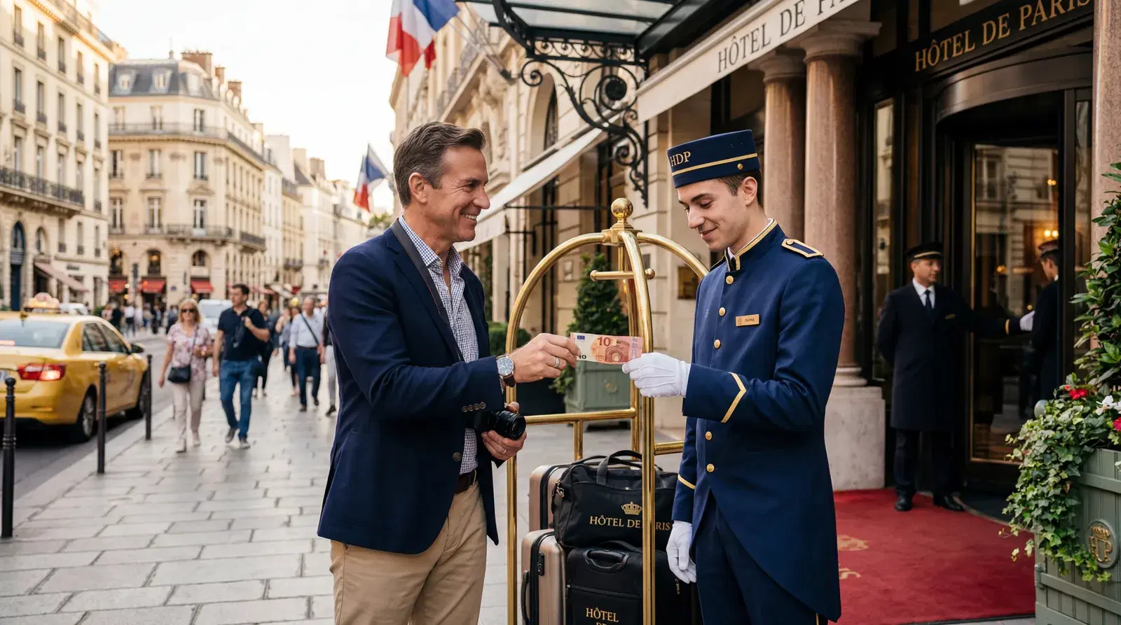 American tourist confidently handing a foreign banknote to a hotel bellhop, bellhop examining it with a polite expression, grand hotel entrance, warm editorial travel photography, photorealistic, no text, no watermark, 16:9