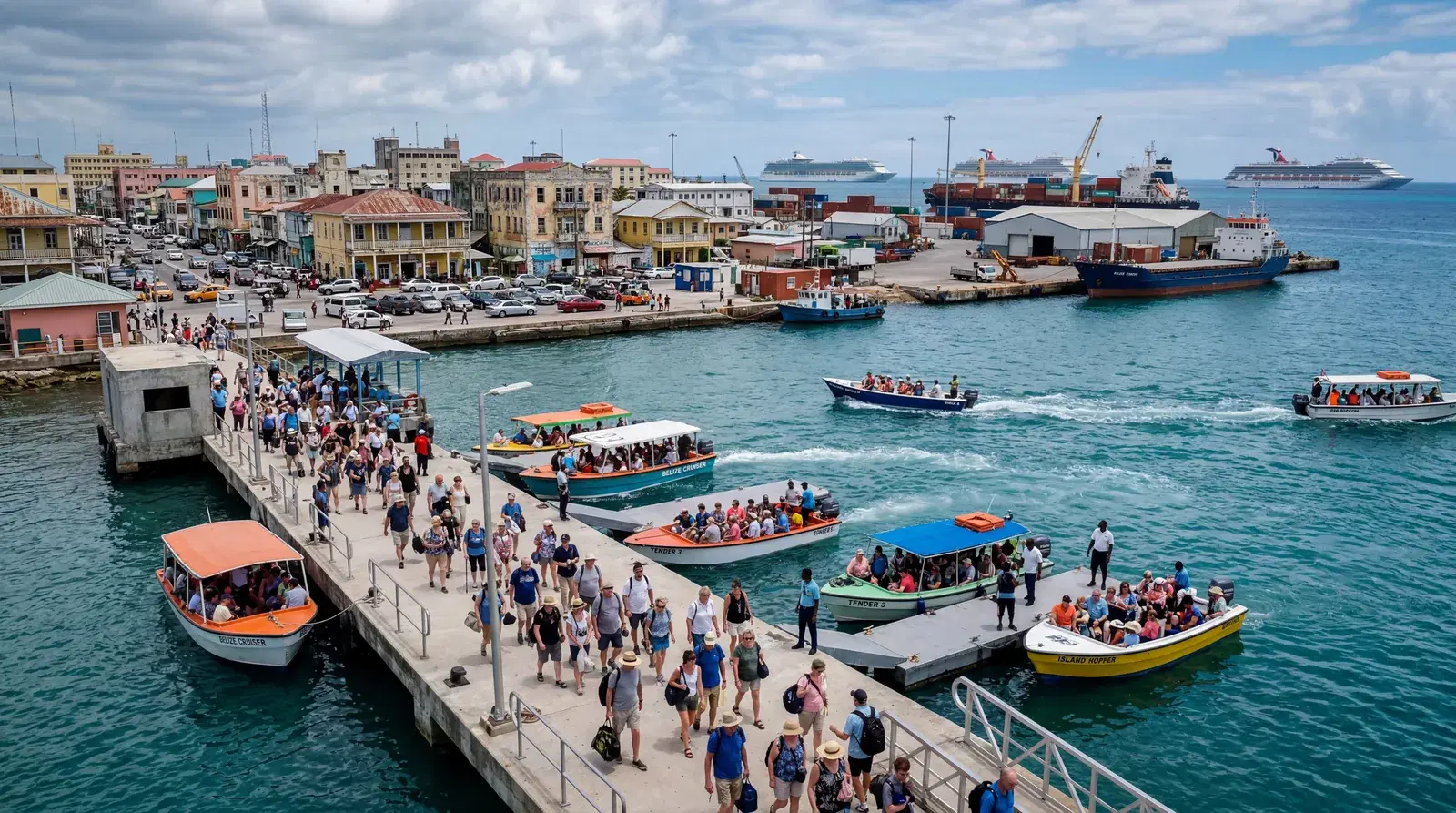 Belize City tender pier, small tender boats ferrying cruise passengers ashore because ships cannot dock, industrial port area, Belize City downtown, documentary travel photography, photorealistic, no text, no watermark, 16:9