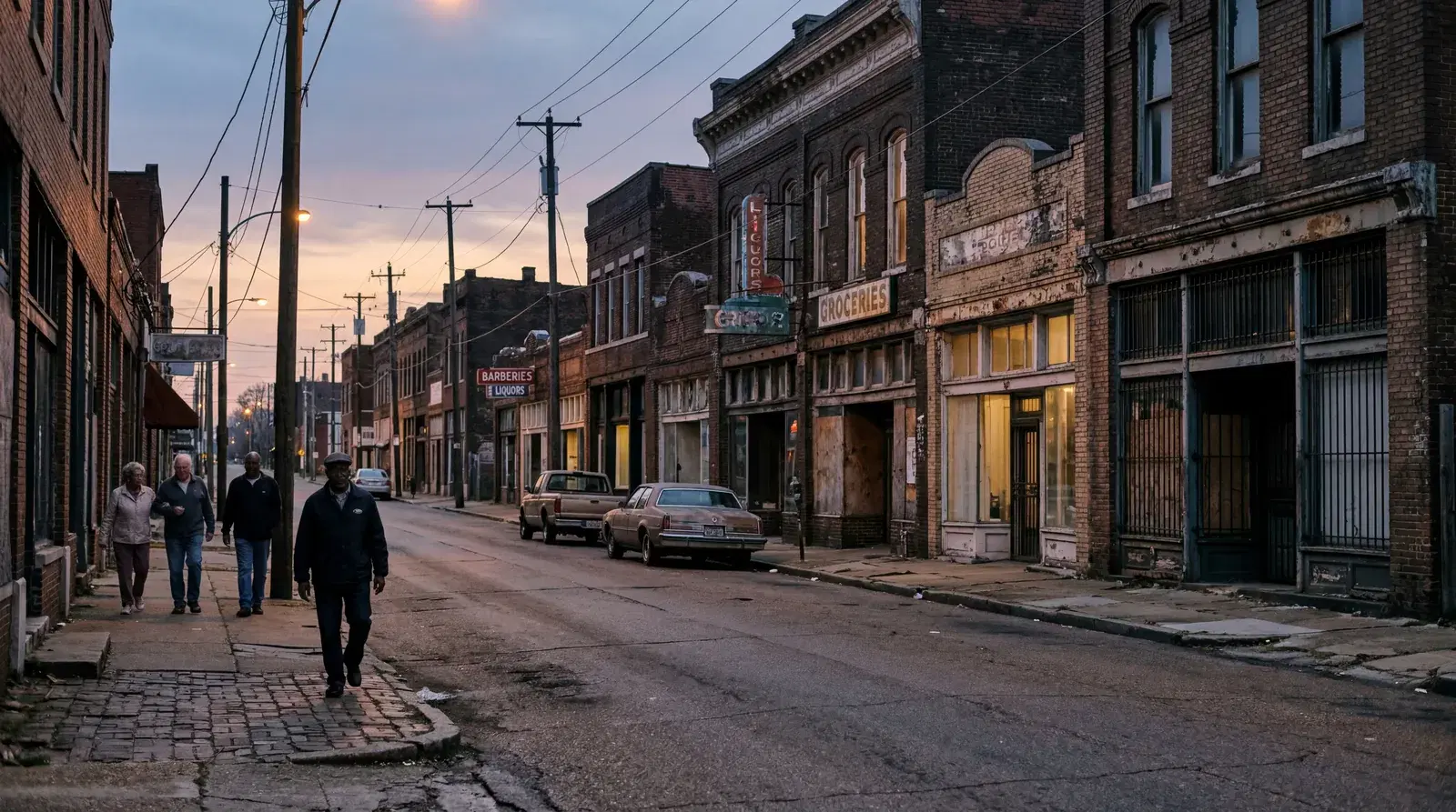 Quiet historic street in a declining Memphis Tennessee neighborhood at dusk, old brick storefronts, few pedestrians, moody fading light. documentary travel photography, realistic, no text, no watermark, 16:9