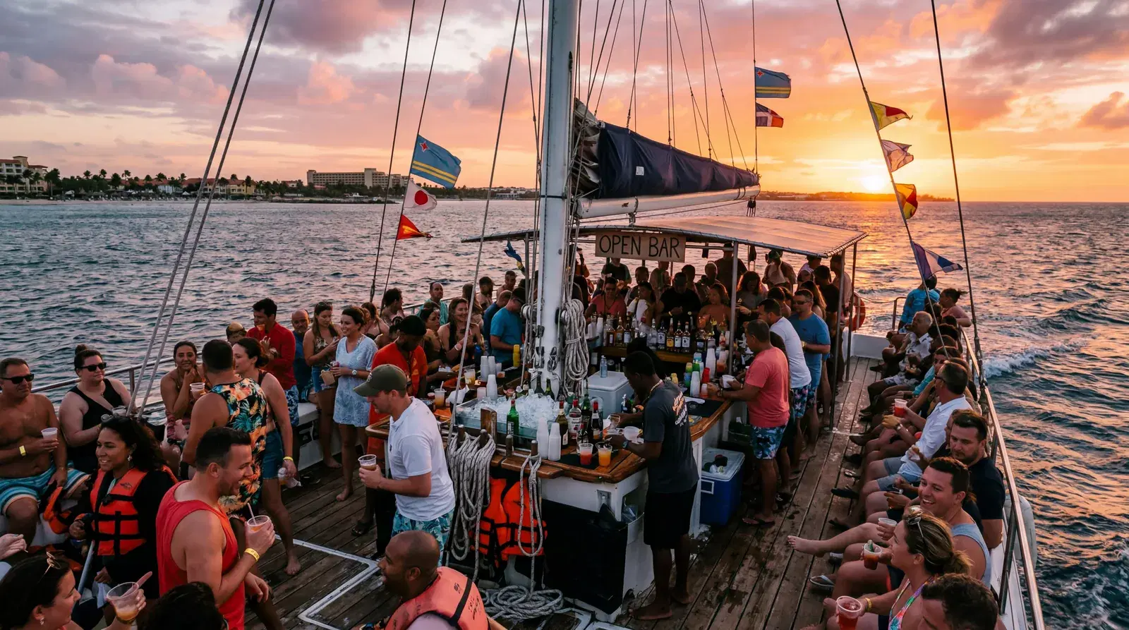 Sunset catamaran cruise in Aruba, overcrowded sailboat with tourists watching sunset, open bar visible, overpriced excursion atmosphere, warm editorial photography, photorealistic, no text, no watermark, 16:9