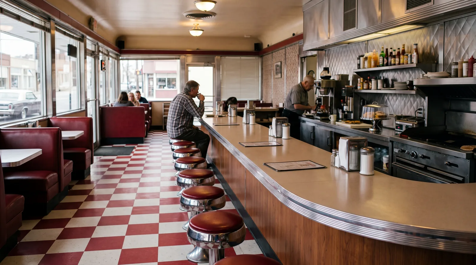 A classic American diner with red and white checkered floors, a nearly empty counter with chrome stools, photorealistic, no text, no watermark, 16:9
