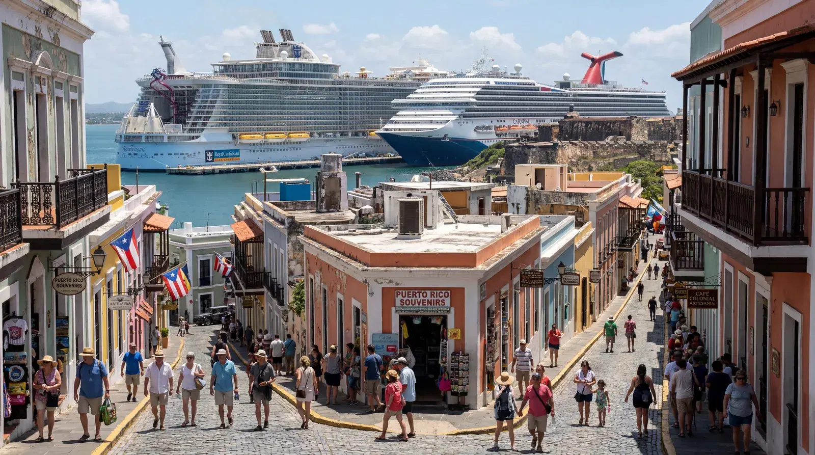 Old San Juan Puerto Rico cruise terminal, enormous cruise ships docked alongside colonial city, tourist groups on Old San Juan streets, souvenir shops in historic buildings, harsh midday sun, documentary travel photography, photorealistic, no text, no watermark, 16:9