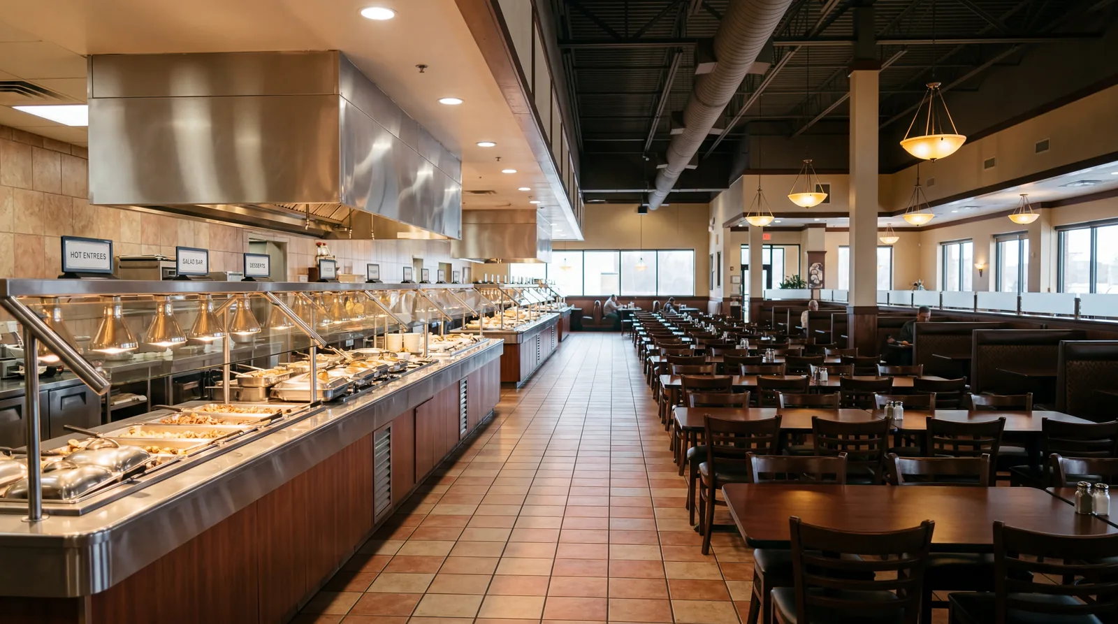 A large American buffet restaurant interior with rows of steam trays and a mostly empty dining room at off-peak hours, photorealistic, no text, no watermark, 16:9