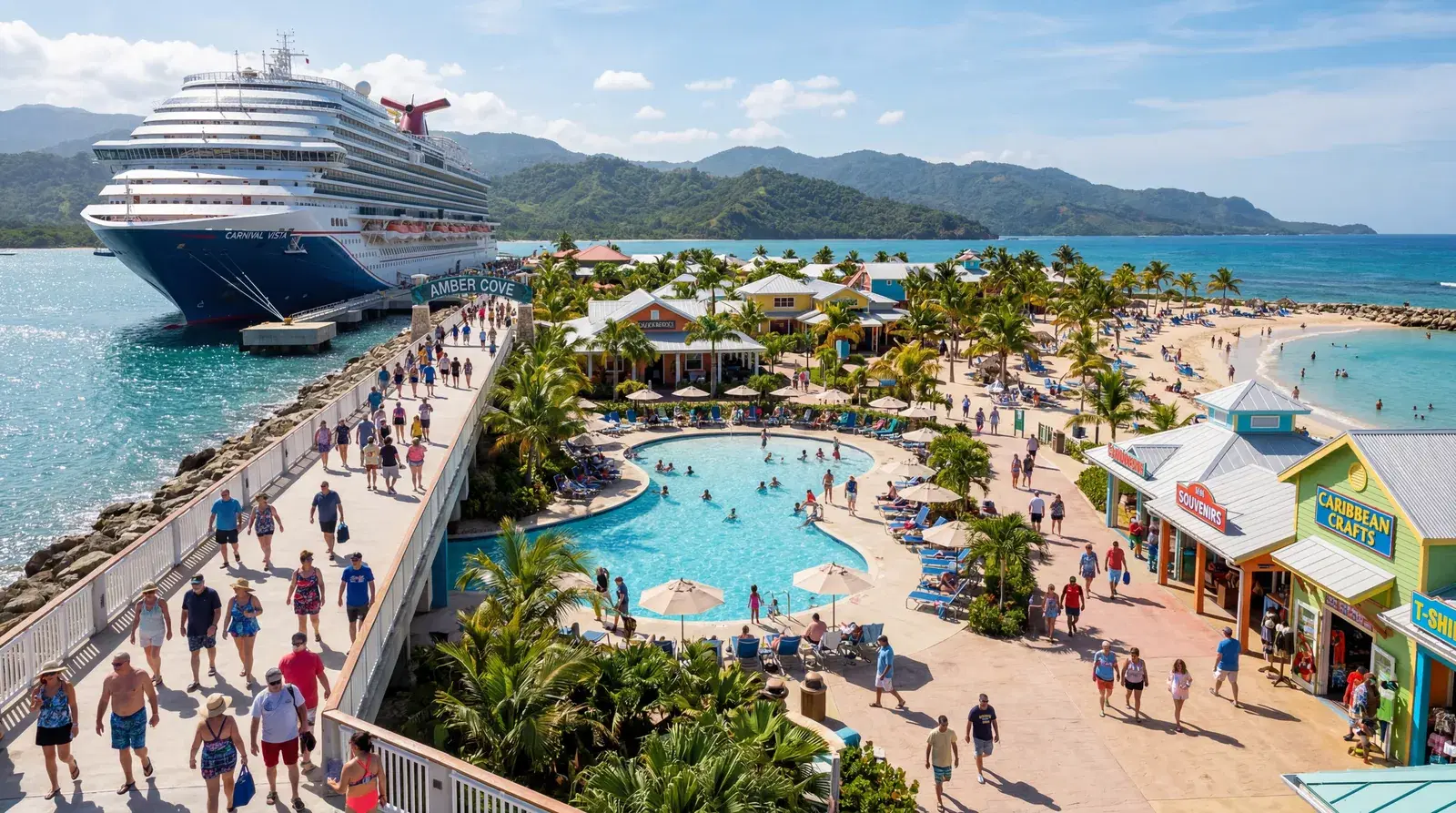 Amber Cove Dominican Republic cruise terminal, purpose-built Carnival cruise resort complex, private pool and beach, commercial shops, tourists from cruise ships in controlled resort compound, documentary travel photography, photorealistic, no text, no watermark, 16:9