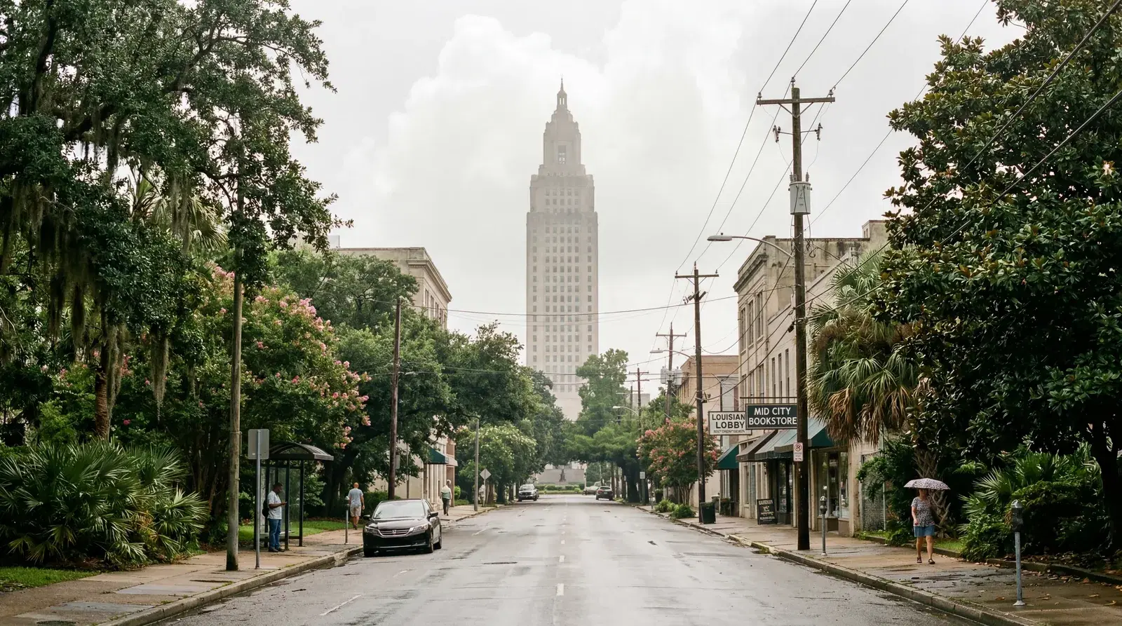Humid downtown Baton Rouge Louisiana at midday, state capitol building visible, quiet streets, lush subtropical vegetation, heavy summer haze. documentary travel photography, realistic, no text, no watermark, 16:9