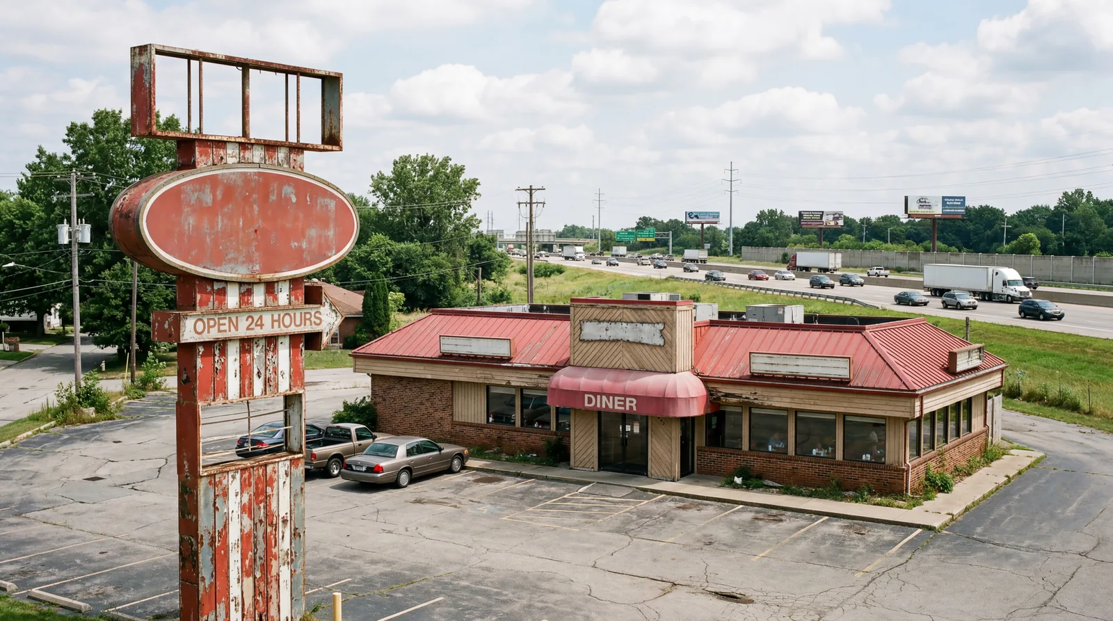 A Shoney's-style family diner exterior with an aging roadside sign, daytime, a highway visible in the background, photorealistic, no text, no watermark, 16:9