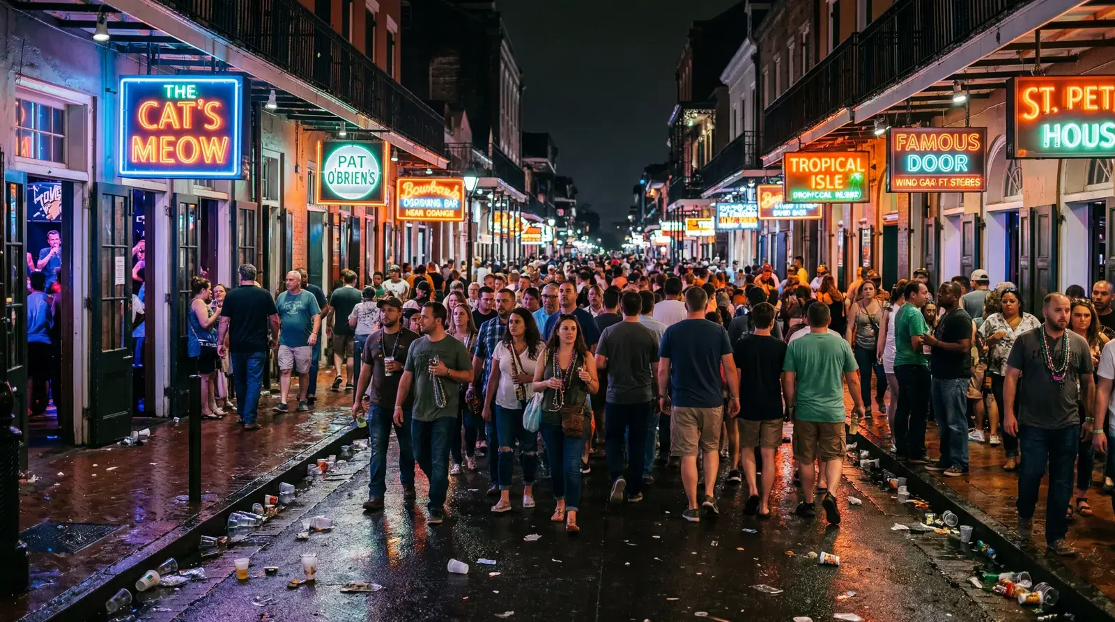 Crowded Bourbon Street New Orleans at night, neon bar signs, throngs of tourists, litter on wet pavement, garish light spilling from open doors. documentary travel photography, realistic, no text, no watermark, 16:9