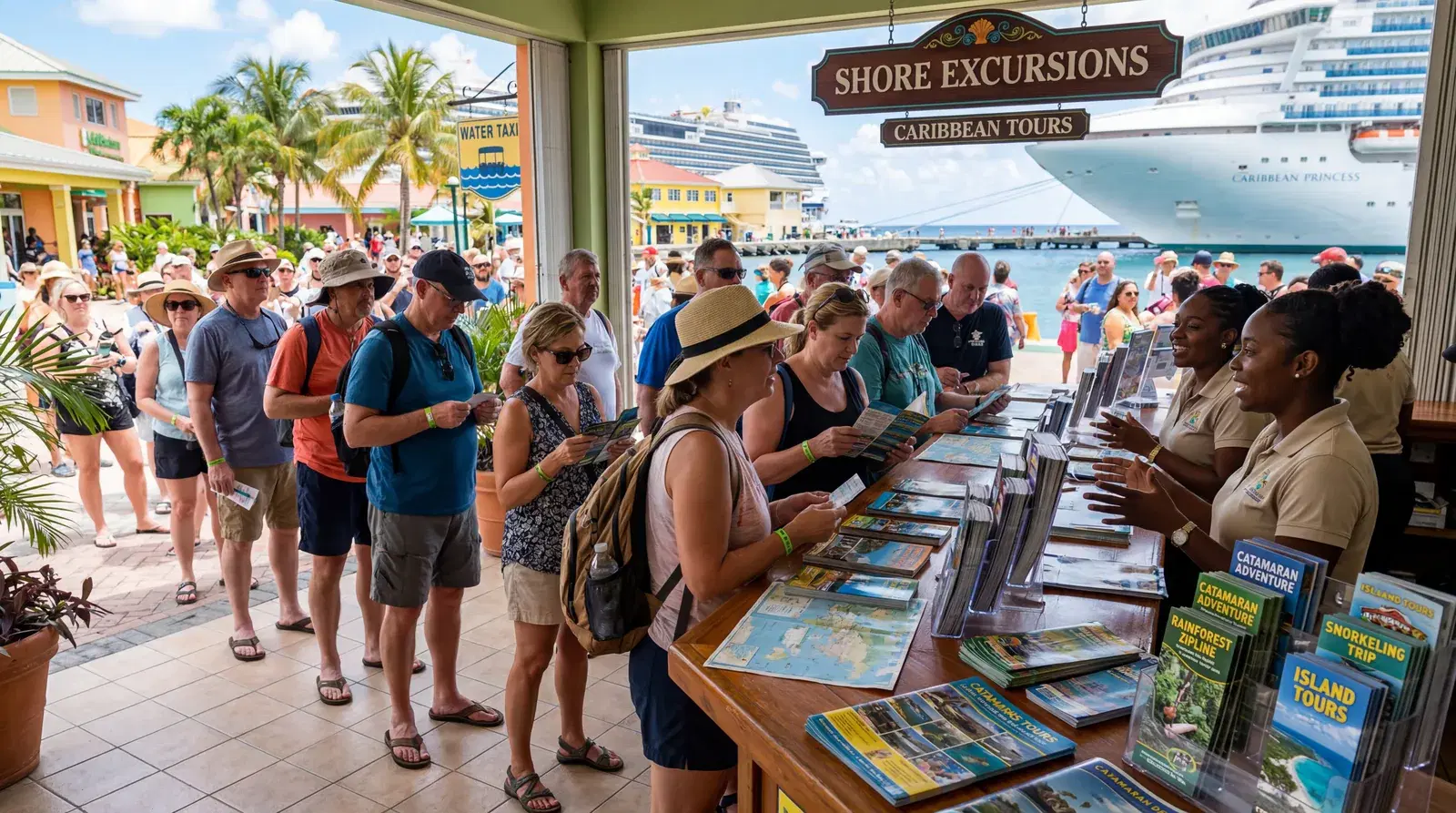 Cruise ship excursion desk selling tourist packages in Caribbean port, cruise passengers lining up to buy overpriced tours, glossy brochures on display, documentary travel photography, photorealistic, no text, no watermark, 16:9