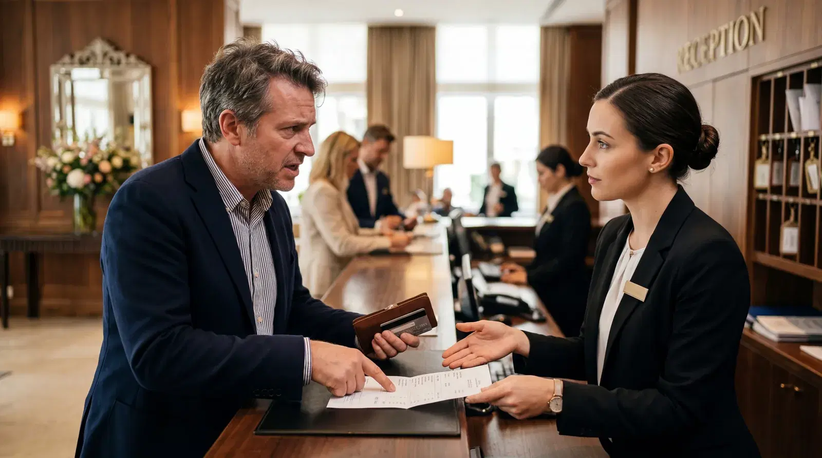 Frustrated American guest at hotel checkout pointing at a paper bill, front desk manager calmly explaining, upscale hotel, warm editorial travel photography, photorealistic, no text, no watermark, 16:9