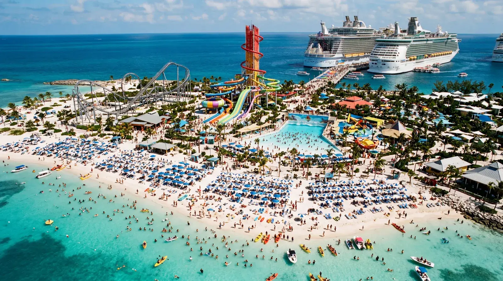 CocoCay Bahamas Royal Caribbean private island, massive waterpark with giant slides, thousands of tourists from multiple cruise ships, overcrowded manufactured beach, large roller coaster on a small island, documentary travel photography, photorealistic, no text, no watermark, 16:9