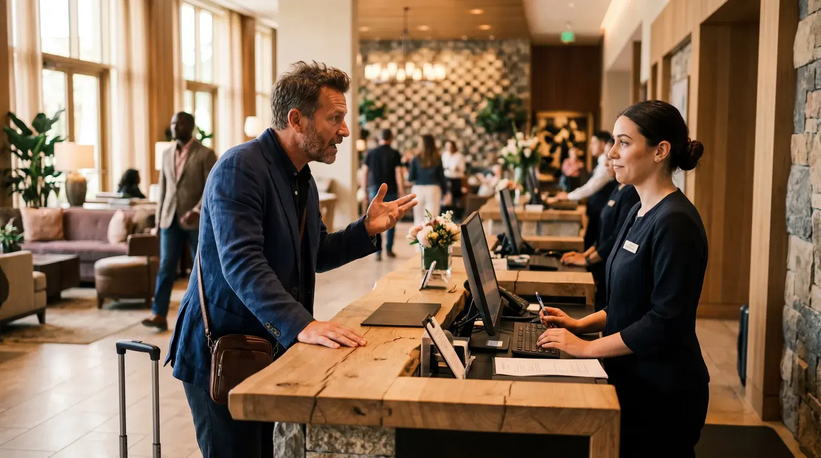 Hotel guest leaning on a front desk explaining at length, staff member with politely glazed expression, modern hotel lobby, warm editorial travel photography, photorealistic, no text, no watermark, 16:9