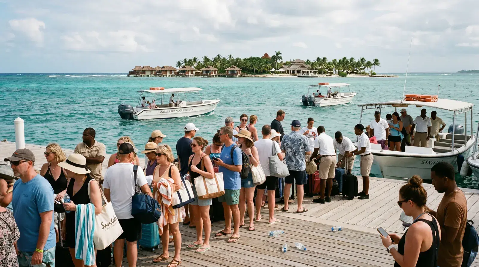 Realistic editorial photo of a Caribbean resort restaurant reservation desk with menu stand, guests waiting, and evening