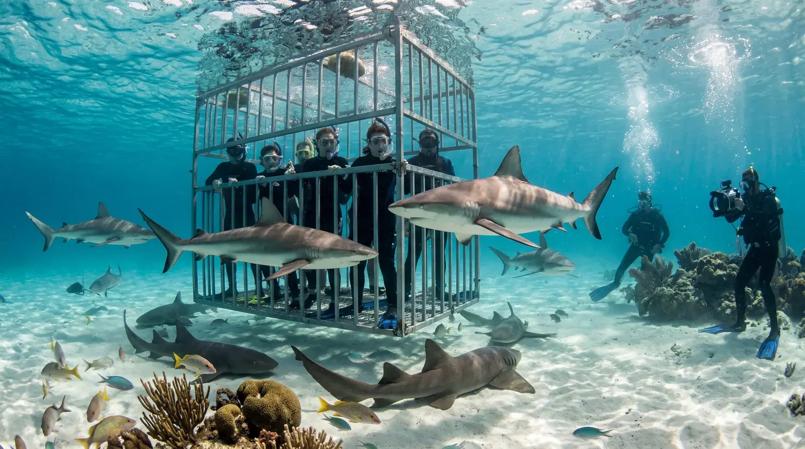 Tourist shark dive excursion in Bahamas, tourists in cages or feeding area near nurse sharks and reef sharks, underwater scene, documentary travel photography, photorealistic, no text, no watermark, 16:9