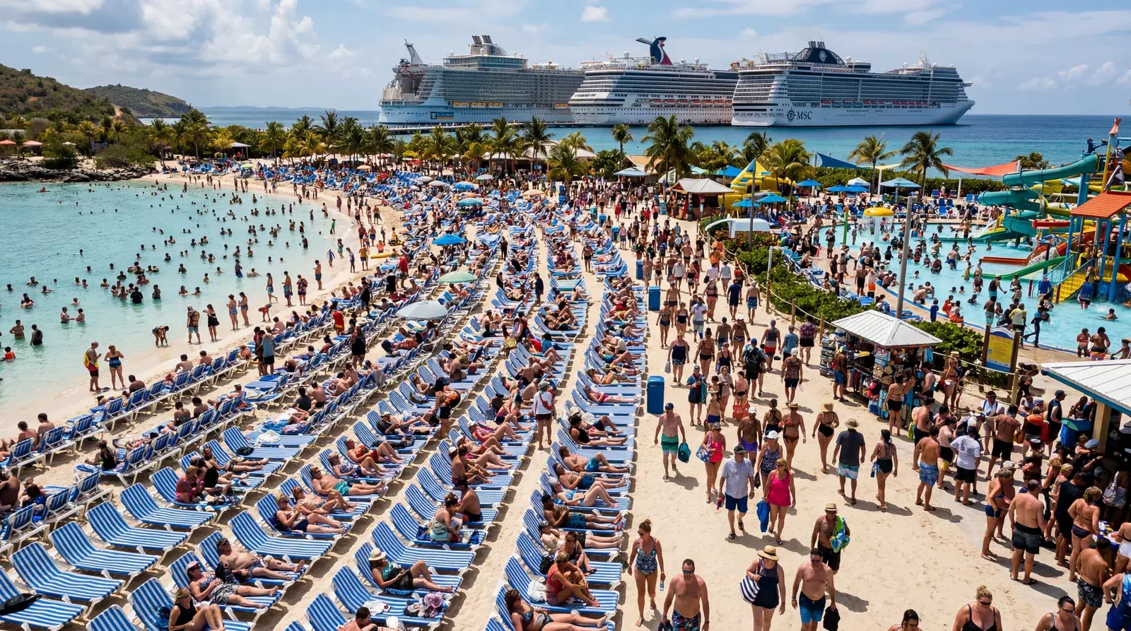 Cruise line private island in the Caribbean, thousands of cruise passengers crowding a small beach, rows of identical beach chairs, souvenir stalls, crowded water park, massive cruise ships visible offshore, documentary travel photography, harsh midday sun, photorealistic, no text, no watermark, 16:9