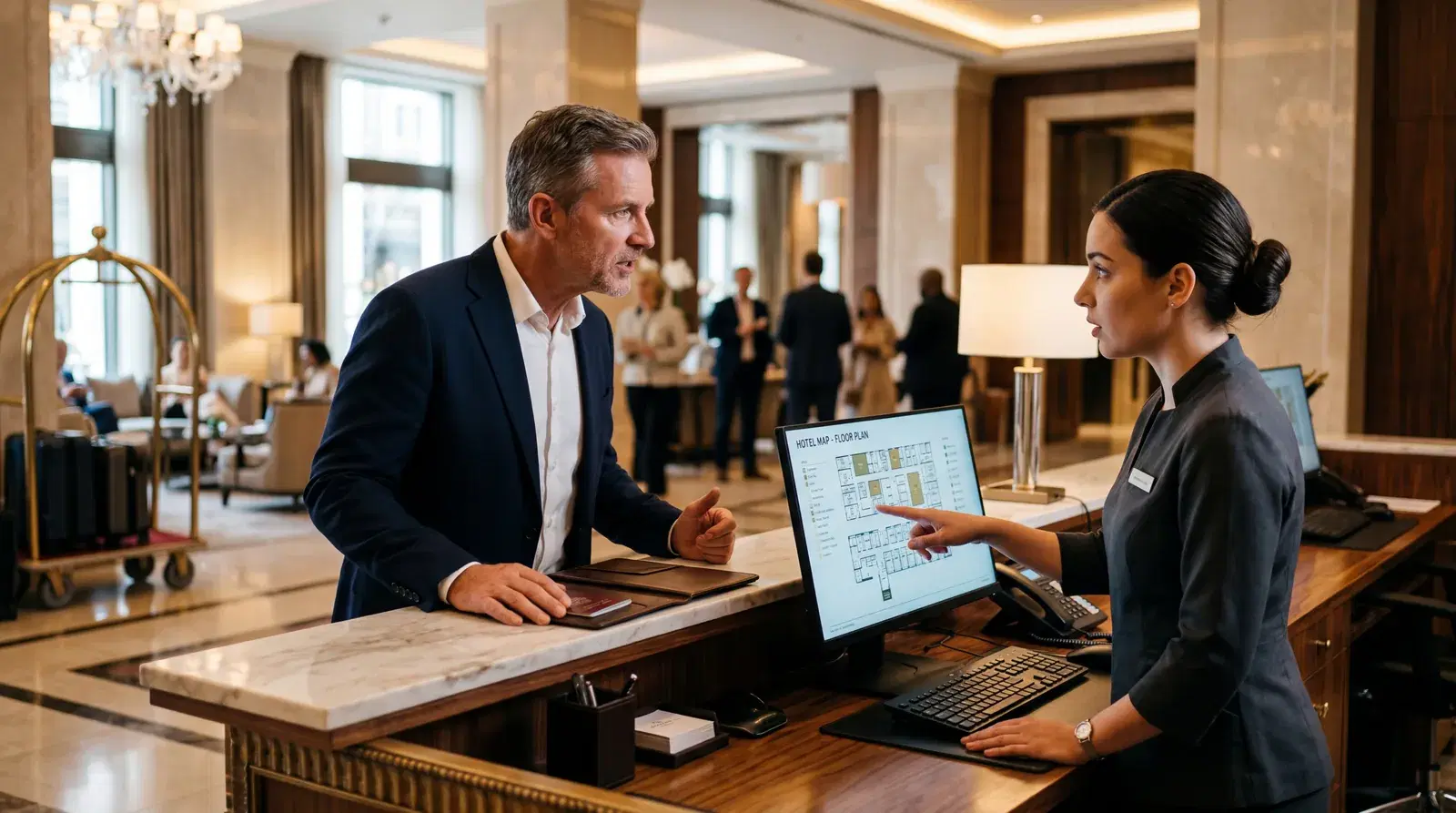 Hotel guest insisting firmly at the front desk while staff shows them the room map on a screen, tense but professional interaction, upscale hotel lobby, warm editorial travel photography, photorealistic, no text, no watermark, 16:9