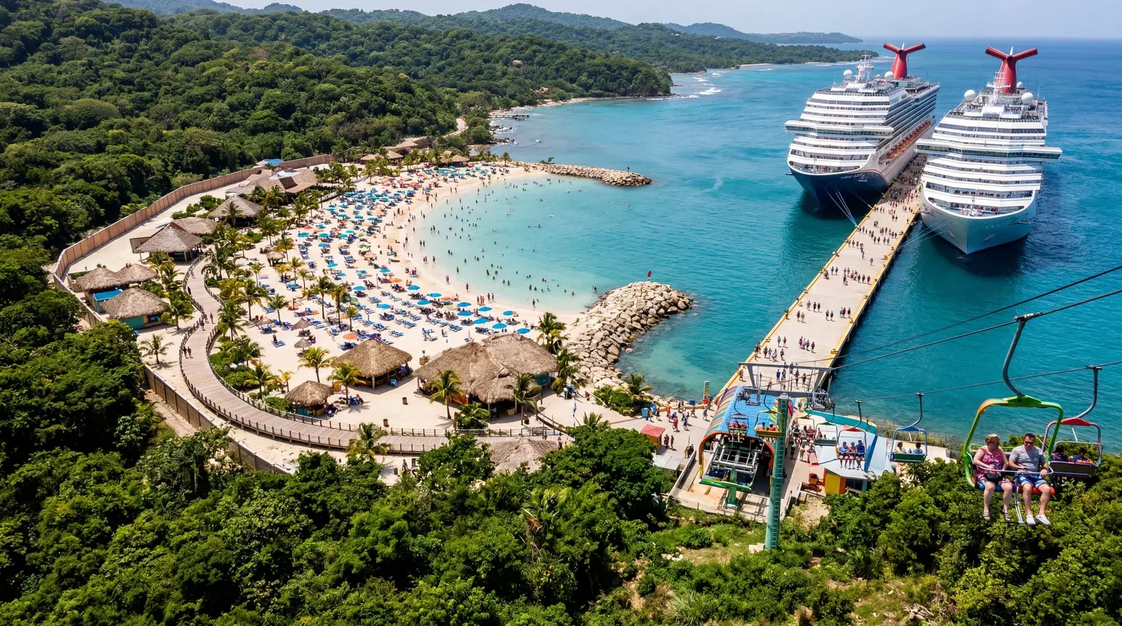 Mahogany Bay Roatan Honduras Carnival Cruise Line private beach facility, manufactured pier with chairlift ride, enclosed commercial beach club, cruise ships docked, tourists contained within the Carnival compound, documentary travel photography, photorealistic, no text, no watermark, 16:9