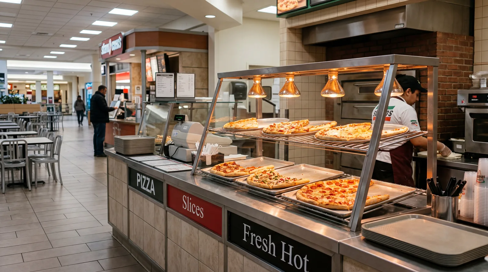 A mall food court Sbarro-style pizza counter with large pizza slices under heat lamps, fluorescent lighting, very few customers visible, photorealistic, no text, no watermark, 16:9