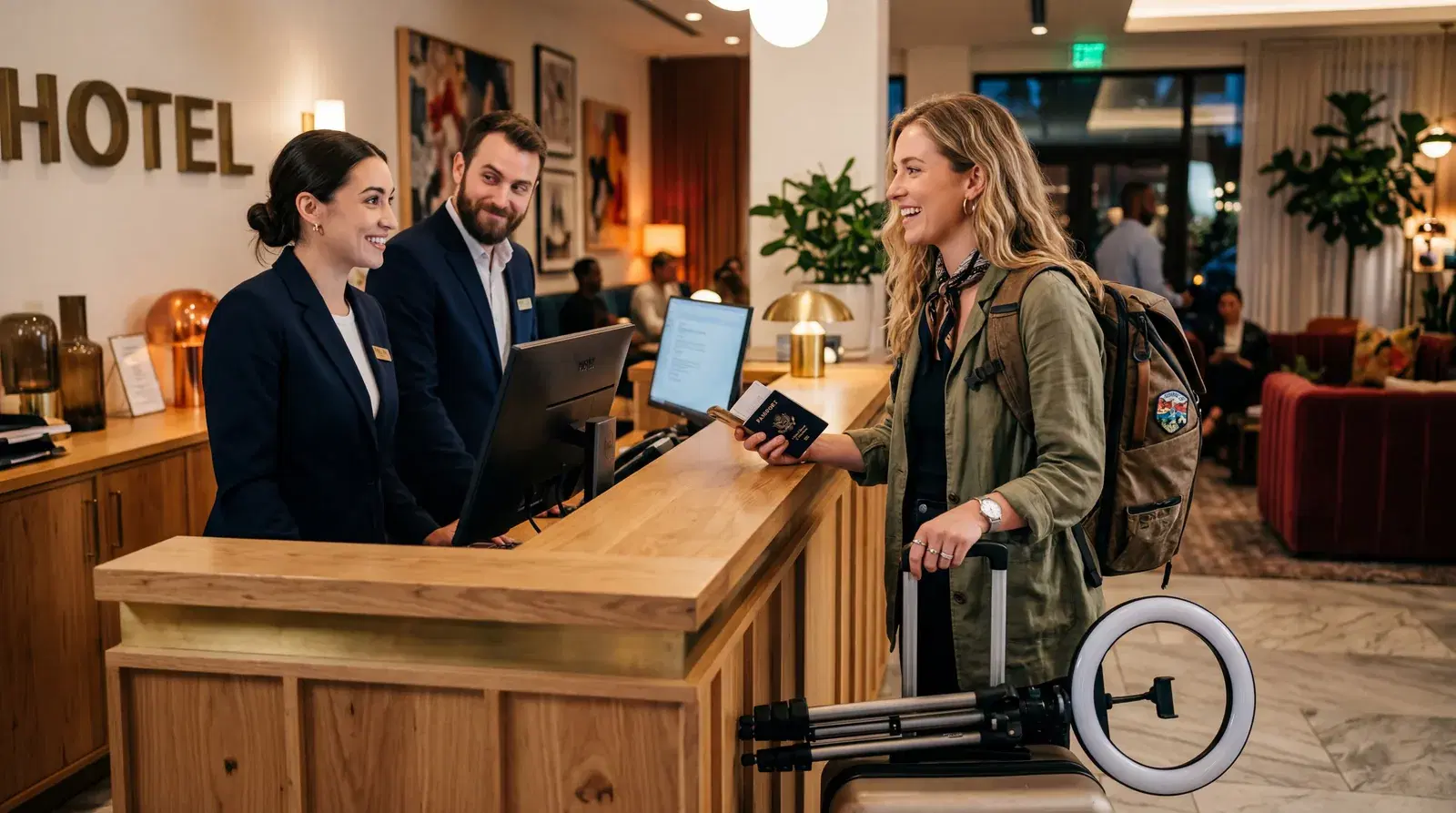 American travel influencer at a hotel front desk with a camera bag and ring light, staff exchanging a glance, modern boutique hotel lobby, warm editorial travel photography, photorealistic, no text, no watermark, 16:9