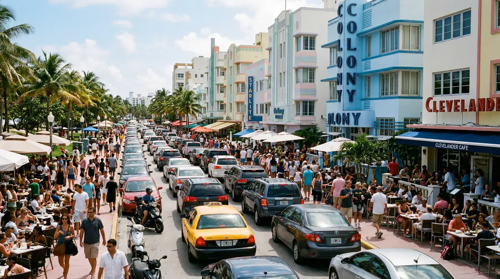 Crowded Ocean Drive in Miami Beach Florida, art deco hotel facades, gridlocked traffic, tourists packed onto sidewalk cafes, intense midday sun. documentary travel photography, realistic, no text, no watermark, 16:9