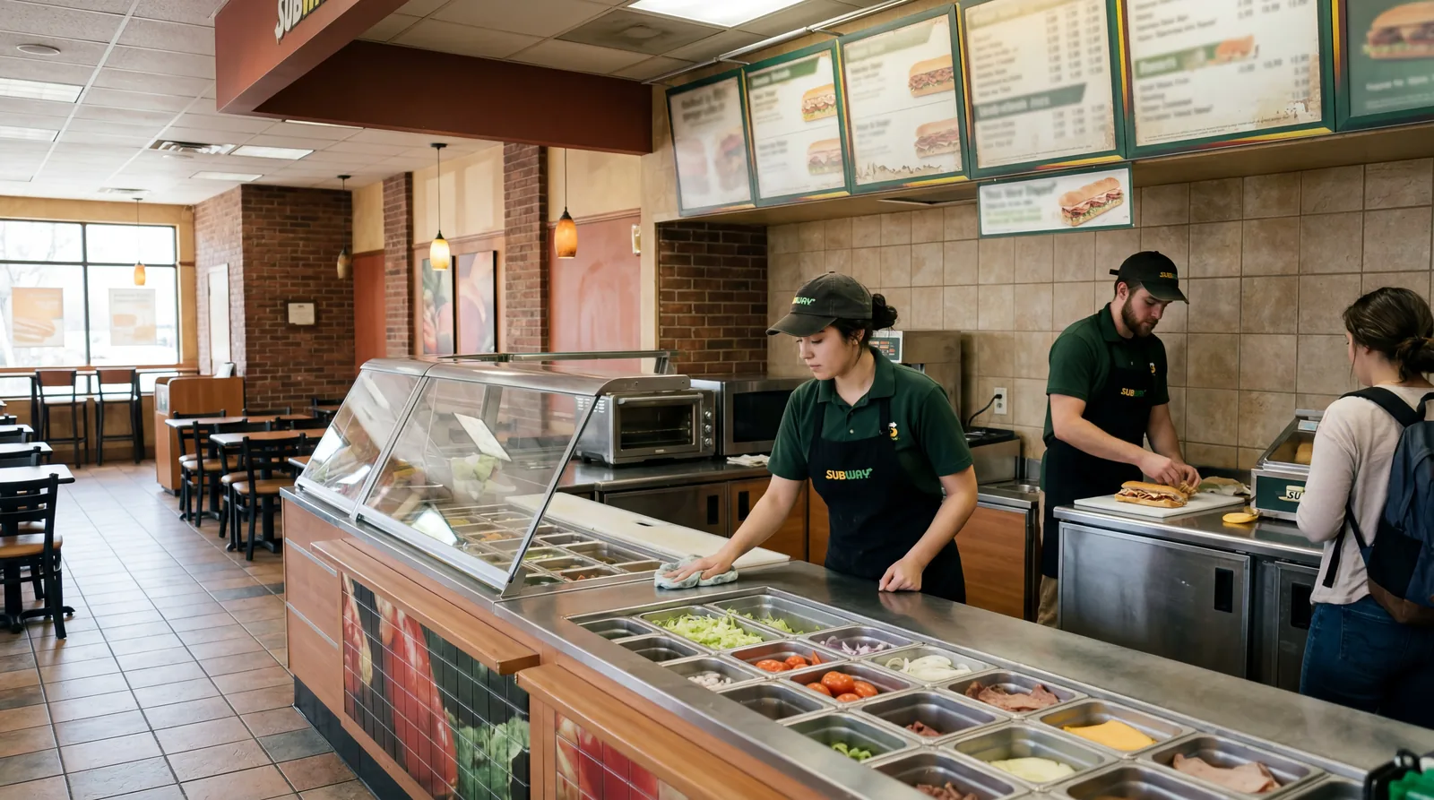 A Subway sandwich shop interior with a near-empty prep counter, employees in uniform, slightly faded overhead menu boards, photorealistic, no text, no watermark, 16:9