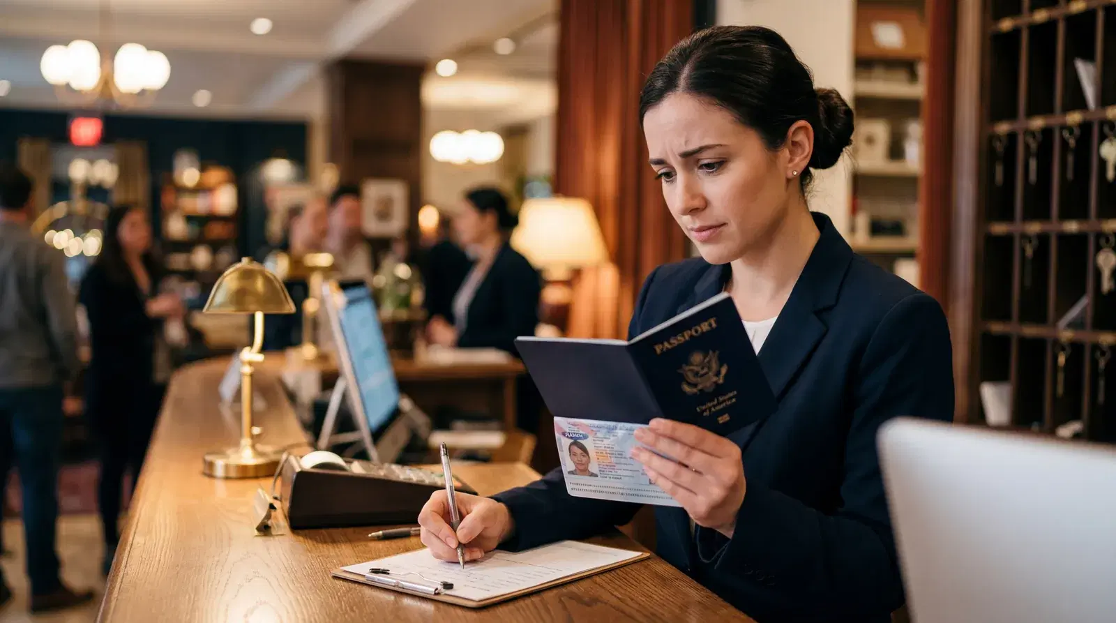 Hotel staff holding an American passport and noting the expiry date, polite concern on their face, front desk close-up, warm editorial travel photography, photorealistic, no text, no watermark, 16:9