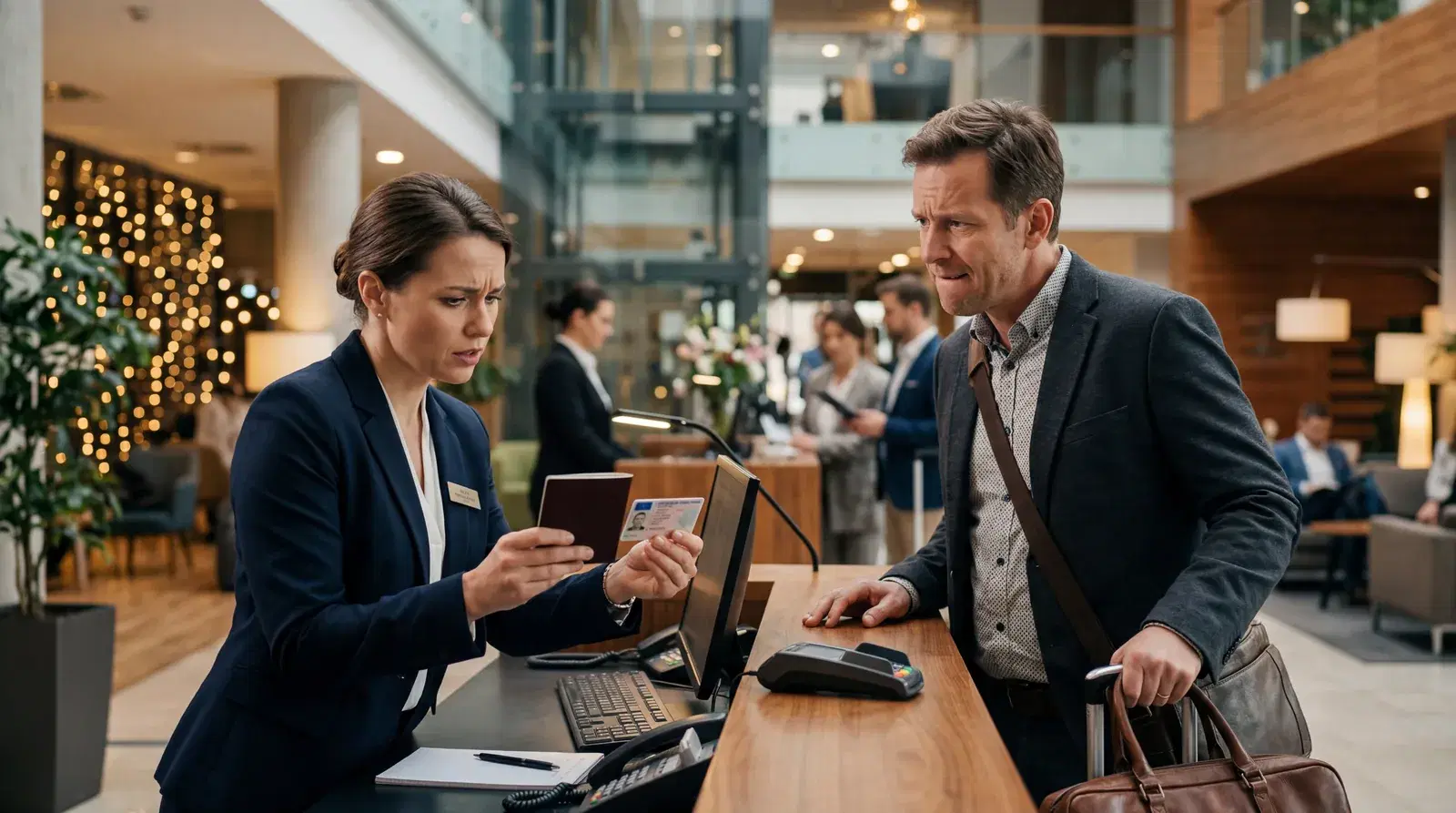 Hotel staff comparing two ID documents at a front desk with a concerned expression, business traveller looking flustered, modern hotel, warm editorial travel photography, photorealistic, no text, no watermark, 16:9