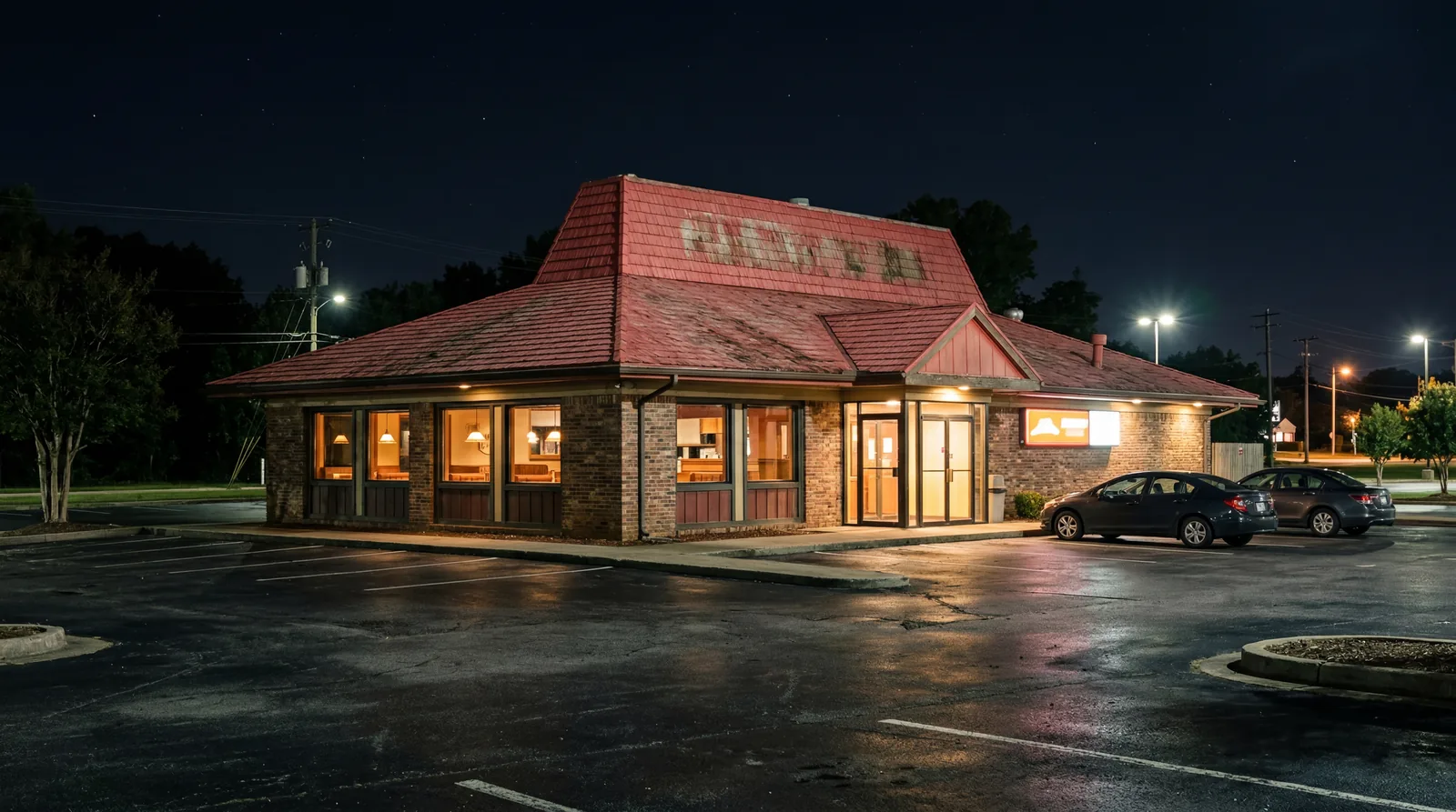 A Pizza Hut-style restaurant with a faded red roof exterior at night, nearly empty parking lot, delivery sign lit up, photorealistic, no text, no watermark, 16:9