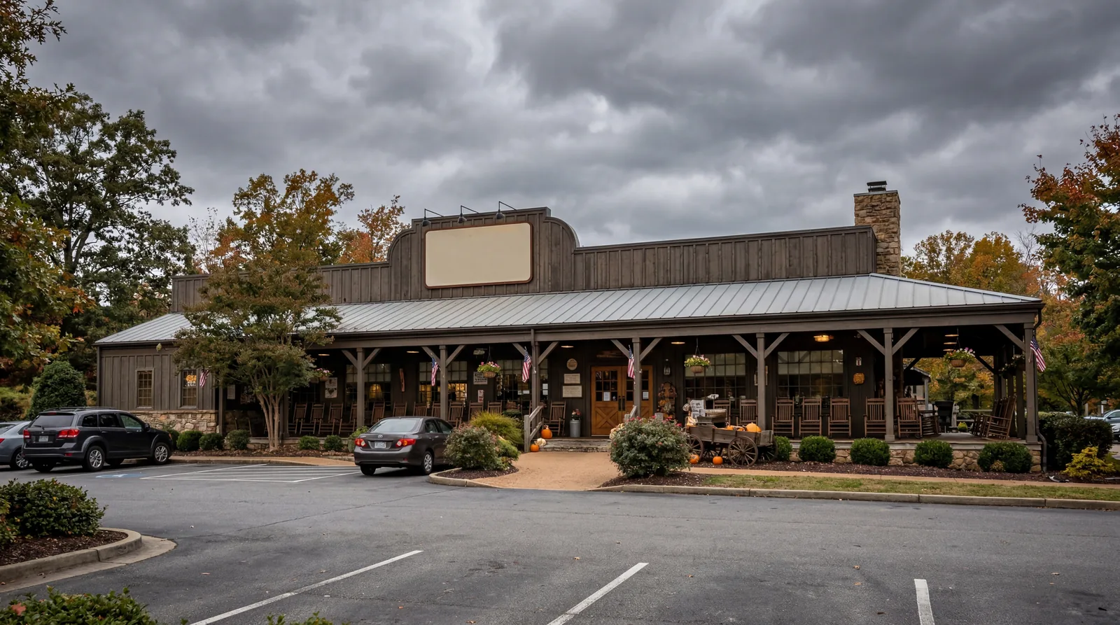 A Cracker Barrel-style country store and restaurant exterior with rocking chairs on a covered porch, overcast sky, mostly empty parking lot, photorealistic, no text, no watermark, 16:9