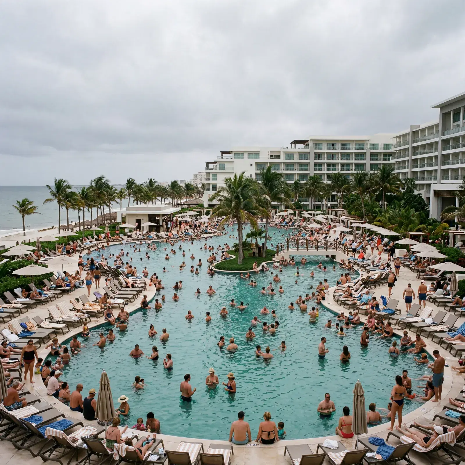 Generic resort pool with crowds in Cancun Mexico hotel zone, flat grey sky, photorealistic, no text, no watermark, 16:9