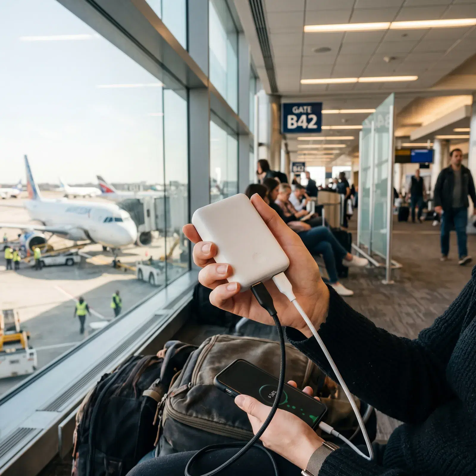 Hand holding a compact white power bank with USB cables plugged in at an airport gate, modern terminal background, photorealistic, warm editorial travel photography, no text, no watermark, 16:9