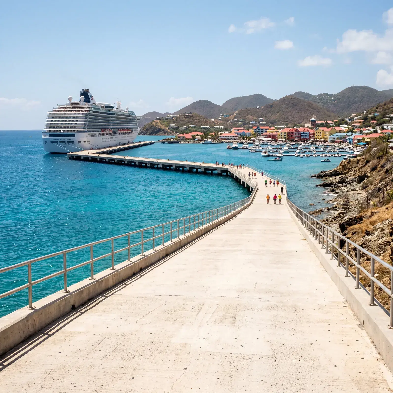 Realistic editorial photo of cruise passenger sitting at a quiet waterfront near port with coffee, map, and ship visible