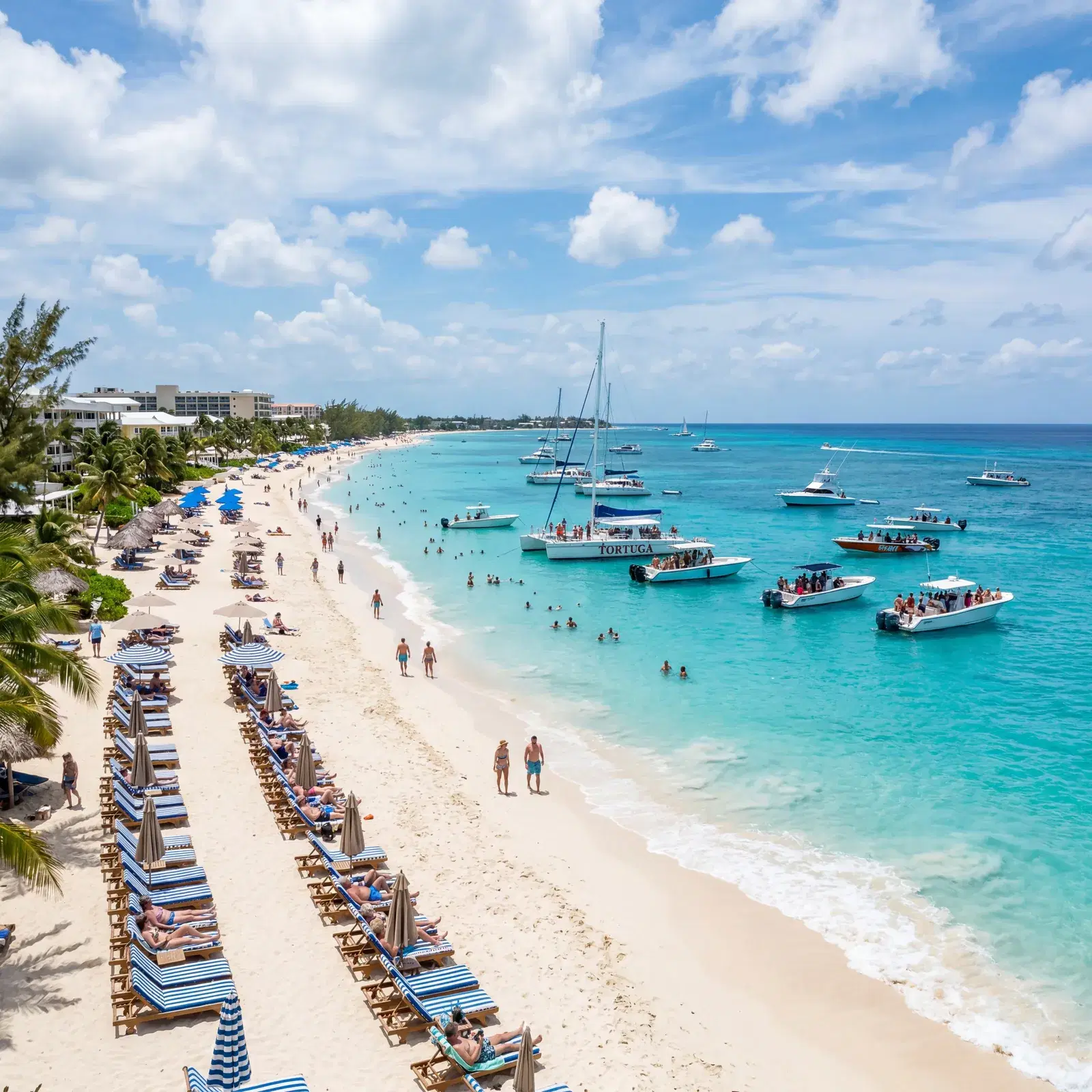 Seven Mile Beach Grand Cayman Cayman Islands with tourist boats and beach chairs, photorealistic, no text, no watermark, 16:9