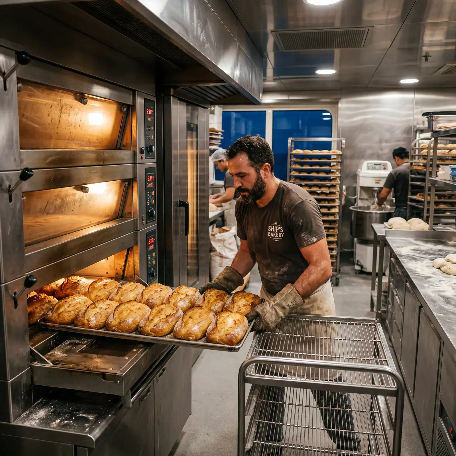 Cruise ship baker pulling fresh loaves from industrial ovens at 2am, warm golden light, stainless steel bakery, photorealistic, no text, no watermark, 16:9