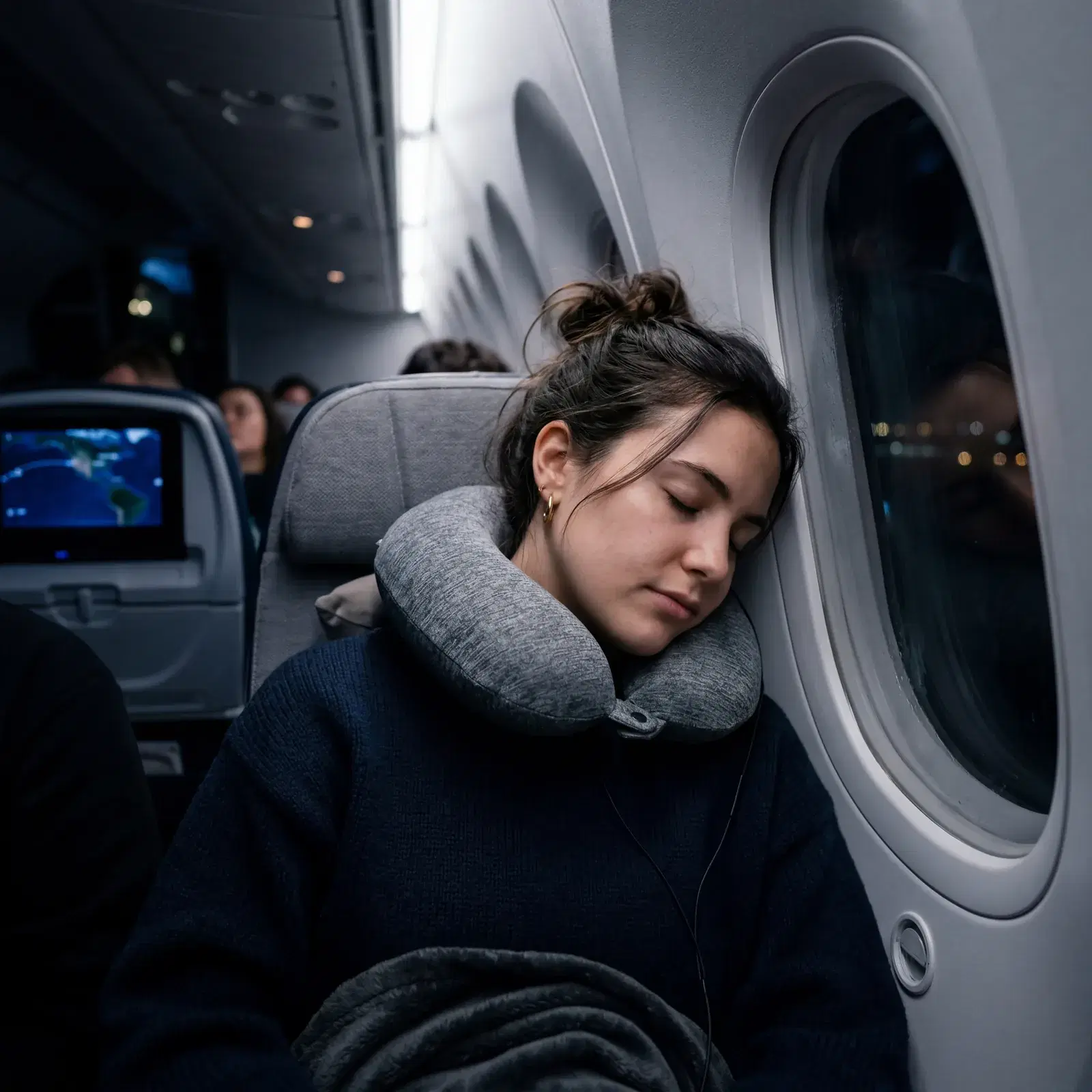 Traveler asleep against airplane window with memory foam neck pillow, soft travel pillow around neck, night flight, photorealistic, editorial travel photography, no text, no watermark, 16:9