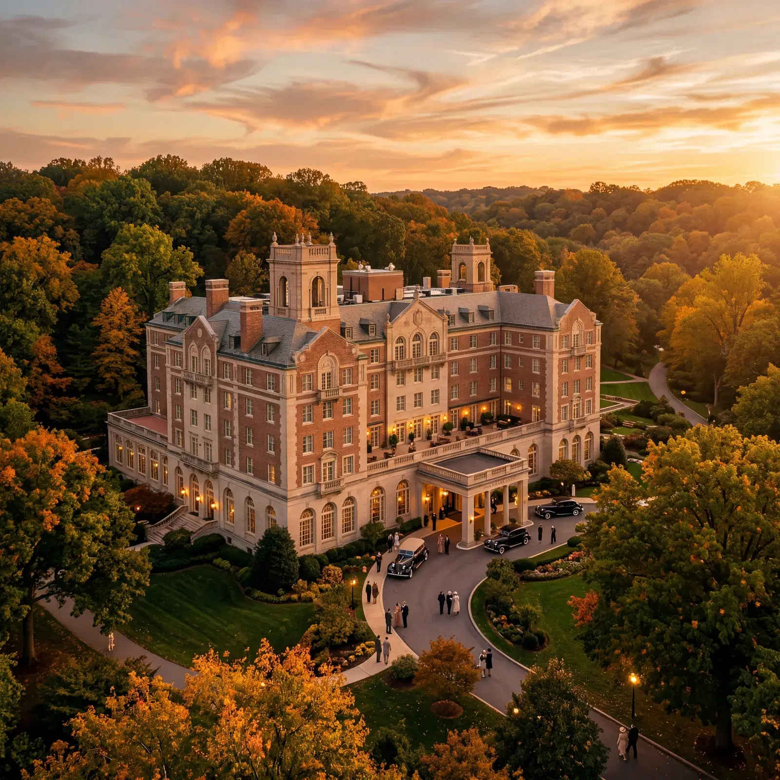 Elegant 1930s grand hotel exterior in Washington DC surrounded by Rock Creek Park with sunset light filtering through trees, warm editorial travel photography, photorealistic, no text, no watermark, 16:9