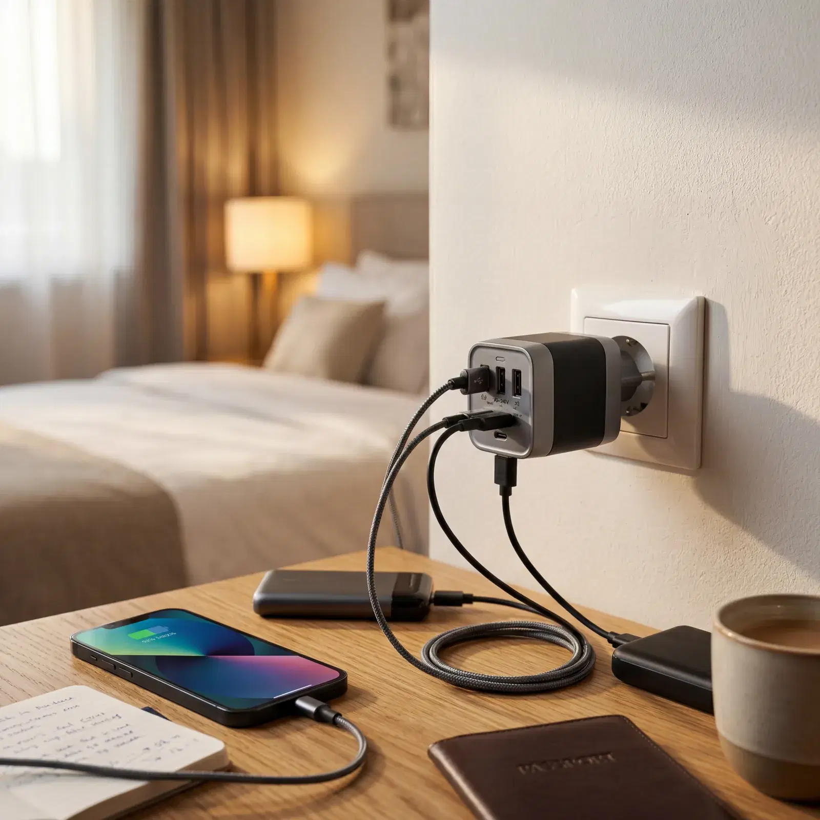 A compact universal travel adapter plugged into a European-style wall outlet with multiple USB ports, hotel room desk setting, photorealistic, warm editorial photography, no text, no watermark, 16:9
