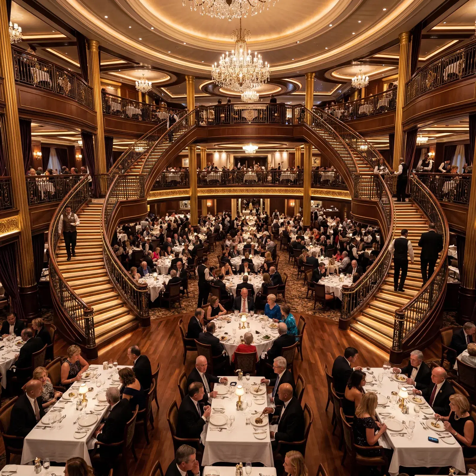 Grand cruise ship main dining room with multiple levels, hundreds of guests dining, elegant lighting, photorealistic, cinematic, no text, no watermark, 16:9