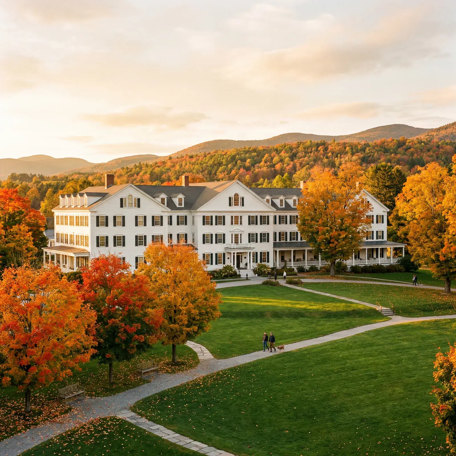 Colonial white clapboard resort hotel in Manchester Village Vermont, rolling green lawns, maple trees in full autumn color, warm editorial travel photography, golden hour, photorealistic, no text, no watermark, 16:9